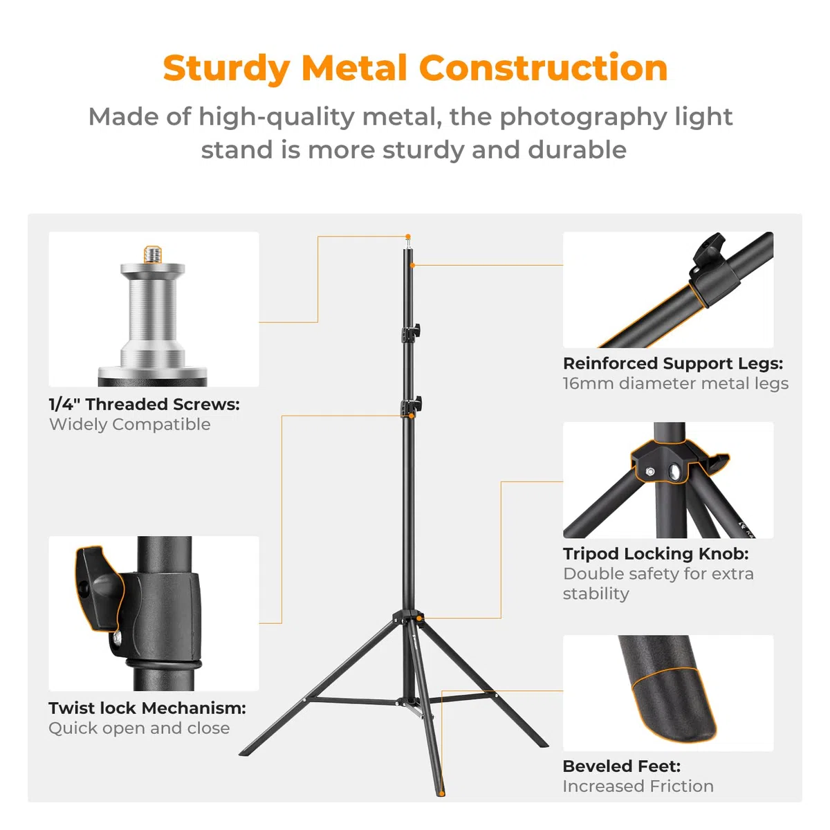 K&F CONCEPT Statyw świetlny do fotografii, 280 cm, metalowy stojak na światło do fotografii studyjnej, reflektor, lampa błyskowa i wideo, regulowany statyw oświetleniowy z uniwersalnym 1/4" Srew