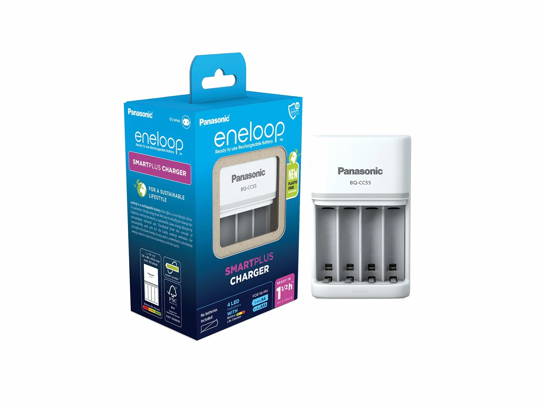 Panasonic eneloop SmartPlus Ładowarka do 1–4 akumulatorów AA/AAA Ni-MH z 4 wskaźnikami LED, Biała
