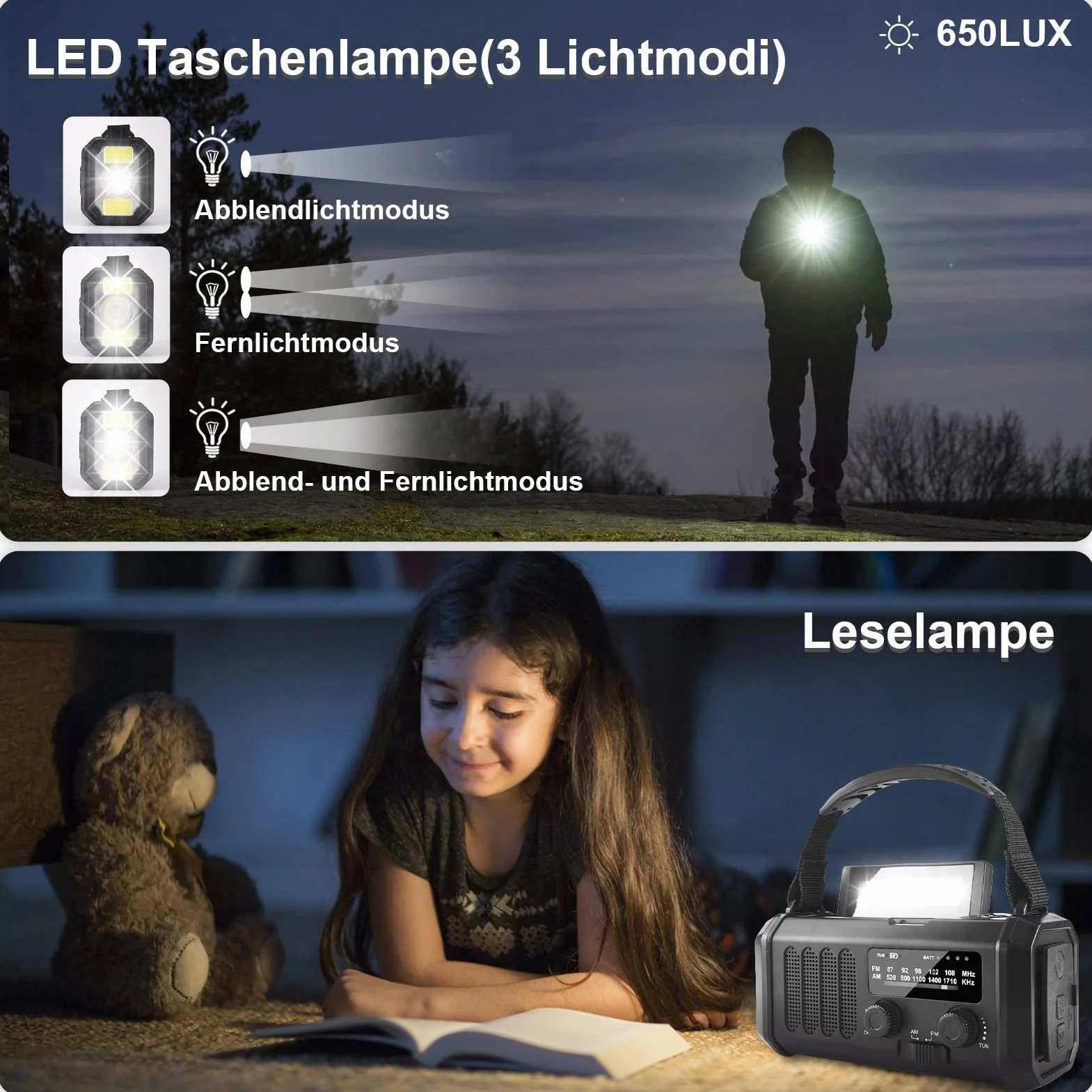 Radio Korbowe 20000mAh Akumulator Ładowalne AM/FM Przenośne Solarne Dynamo Latarka LED Alarm SOS Kompas Czarny