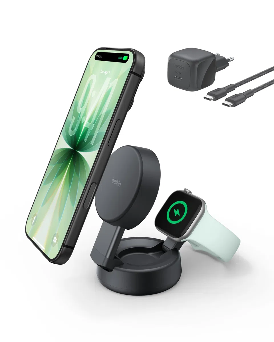 Belkin UltraCharge Pro Stacja Ładująca Qi2 2 w 1, 25 W – Czarna | Zgodna z MagSafe Bezprzewodowa Ładowarka do Urządzeń iPhone, Apple Watch i Słuchawek, Certyfikat Qi2.2, z Zasilaczem 45 W