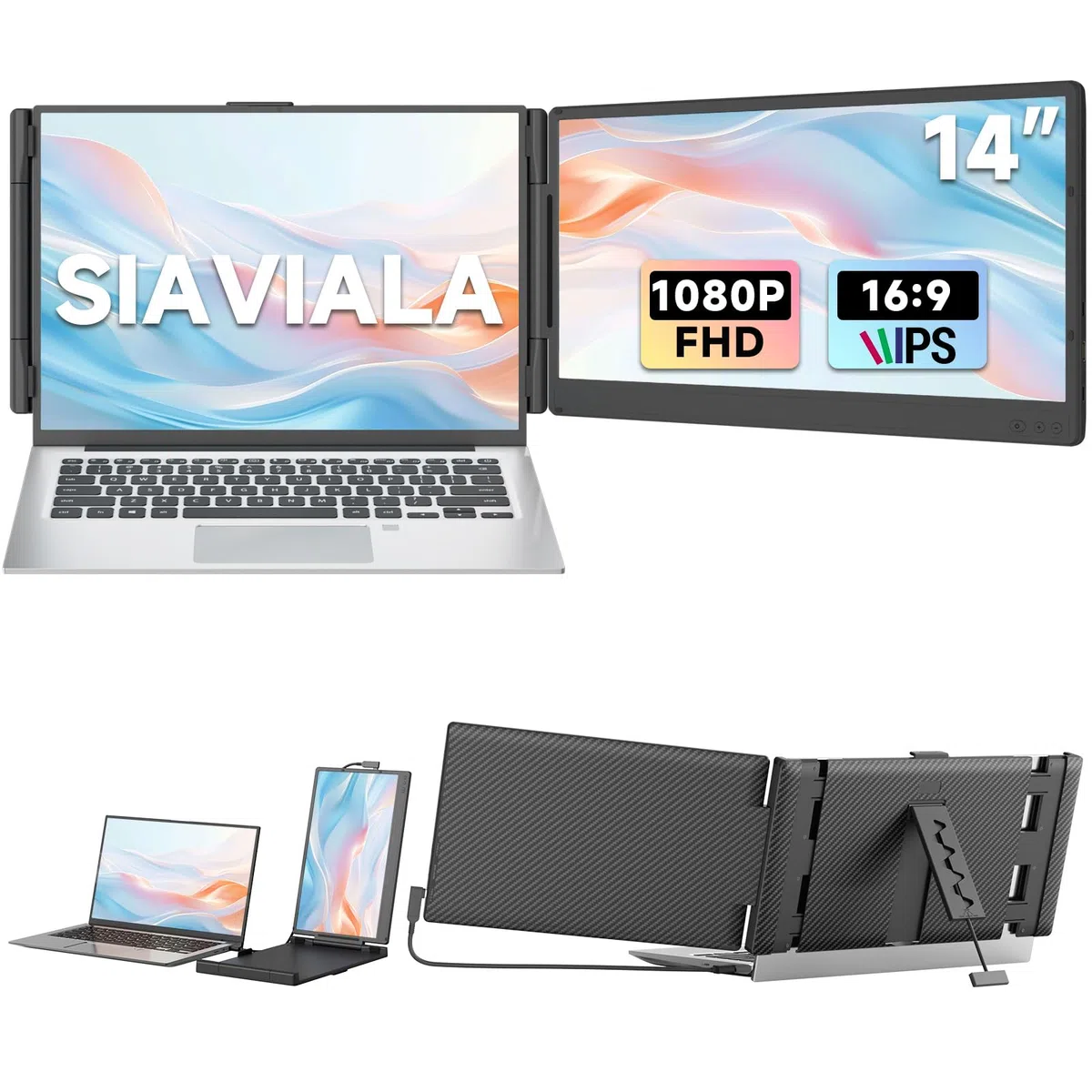 Rozszerzenie ekranu laptopa, podwójne rozszerzenie ekranu IPS FHD 1080P 14„, przenośny monitor do laptopów 13-17,3”, podwójny ekran Plug & Play dla Windows/Mac z portem USB C/HDMI