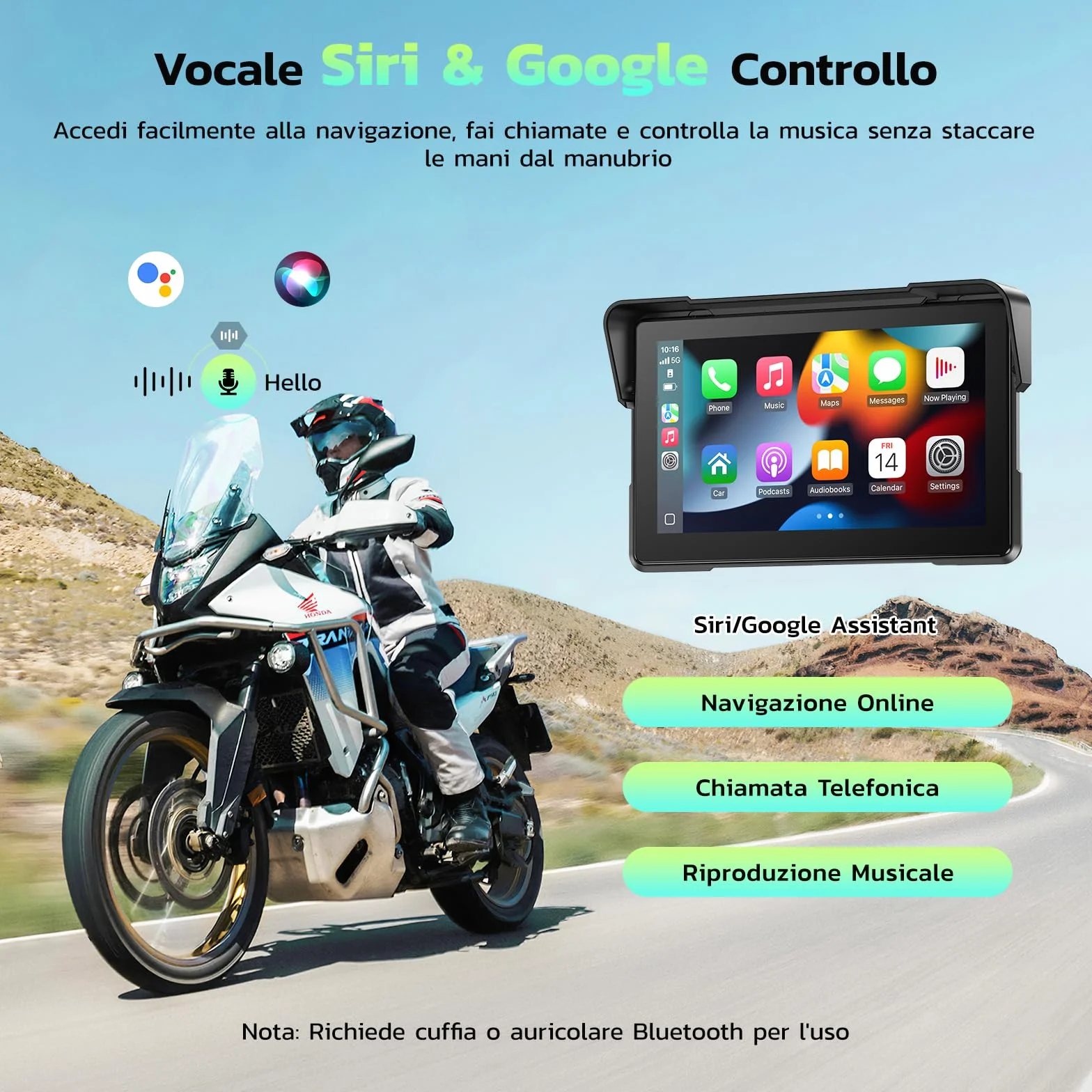 LAMTTO 7" Ekran motocyklowy CarPlay i Android Auto, IP67 całkowicie wodoszczelny, nawigacja GPS dla motocykla, Bluetooth Siri/G00gle Assistant