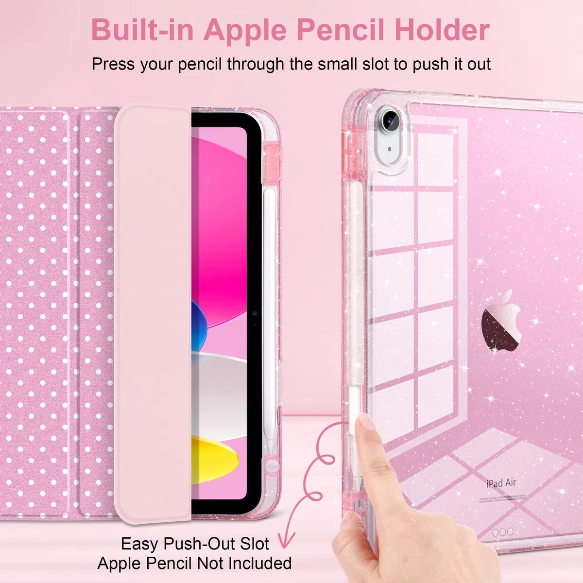 MEEgoodo Etui na iPada Air 33 cm 2026(M4) / 2025(M3) / 2024(M2), brokatowe etui na tablet z przezroczystym akrylowym tyłem + potrójnie składany stojak + uchwyt na ołówki + automatyczne budzenie
