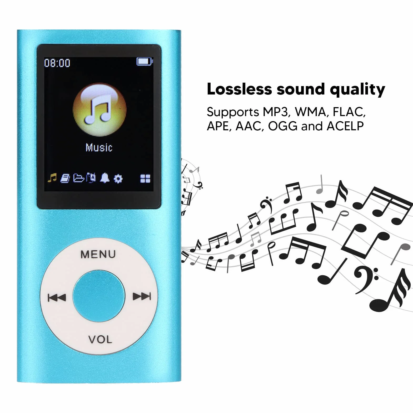Odtwarzacz MP3/odtwarzacz MP4, Odtwarzacz Muzyczny MP4 Obsługuje Kartę TF o Pojemności do 64 GB, Cyfrowy Ekran LCD o Przekątnej 1,8 Cala, Przenośny Bezstratny Odtwarzacz Muzyczny HiFi(Niebieski)