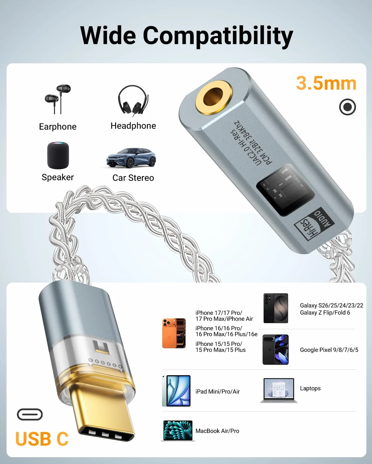 MoKo USB C to 3.5mm Audio Adapter, Dual DAC Chip CX31993 & MAX97220, 32bit/384KHz Audio Dongle with HiFi Amplifier, Type C to Headphone 3.5mm Aux Converter for iPhone Android iPad Mac PC, Grey