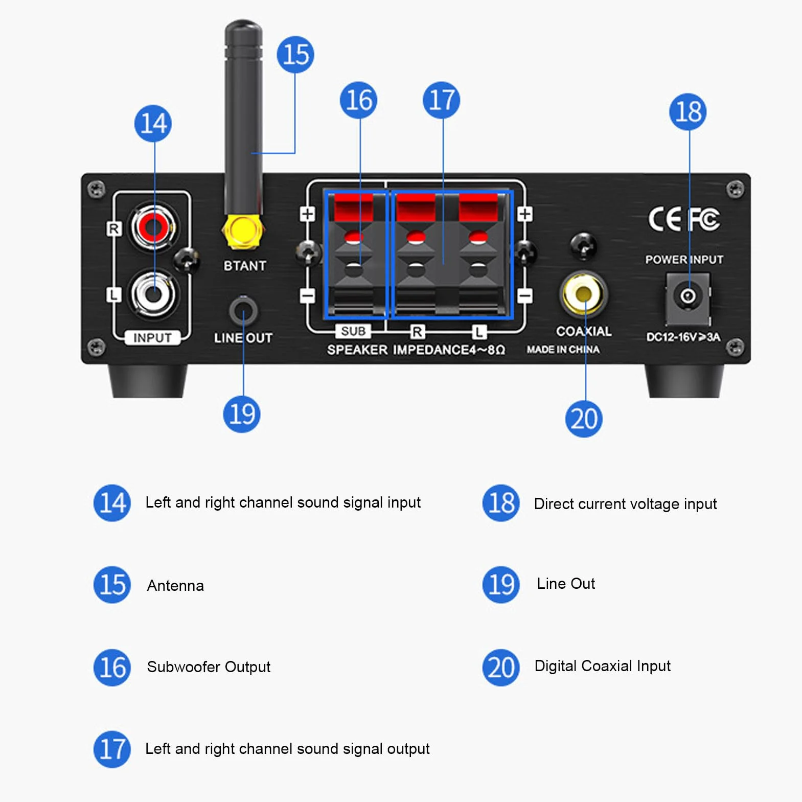 Topiky Wzmacniacze Stereo Home Audio, 2.1 Kanałowy Wzmacniacz Odbiornika Stereo AV z Wyjściem Subwoofera, Bluetooth 5.1 HIFI Digital Suboofer Odbiornik Wzmacniacza (wtyczka UE)