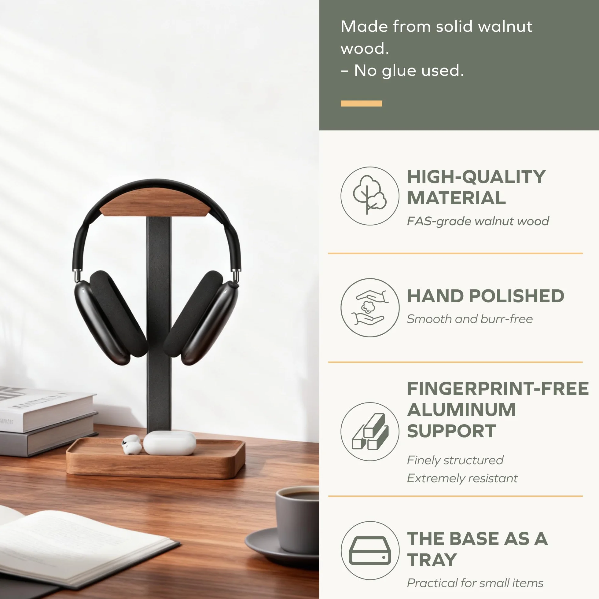 muso wood Orzech stojak na słuchawki, drewniany stojak na słuchawki z podstawą do przechowywania, uchwyt na słuchawki do gier, biura i biurka domowego - kompatybilny z AirPods Max, Bose, Razer (czarny