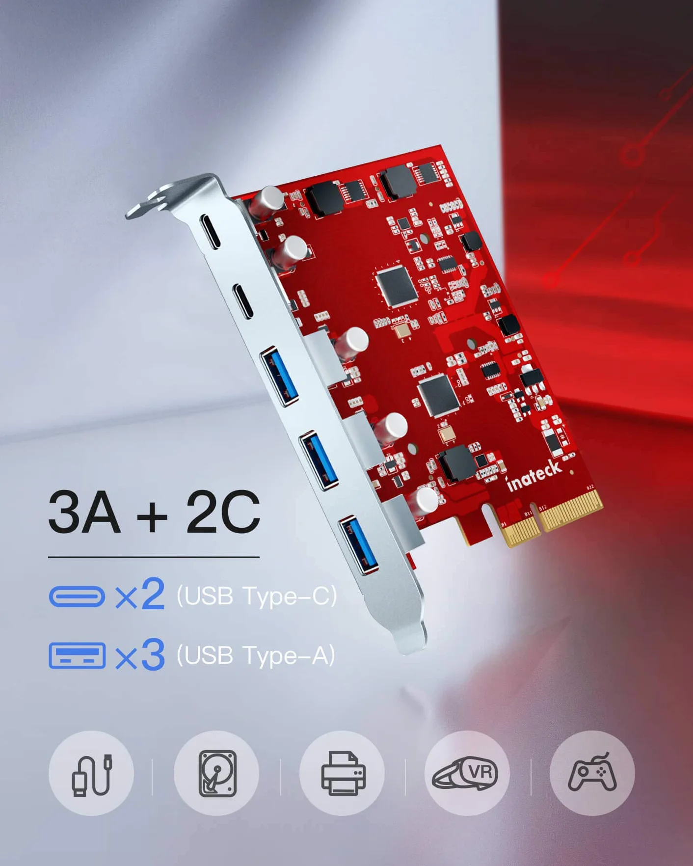 Inateck RedComets U21 Karta PCIe USB 3.2 Gen 2 16 Gb/s 3 Porty Typu A 2 Porty Typu C Czerwona