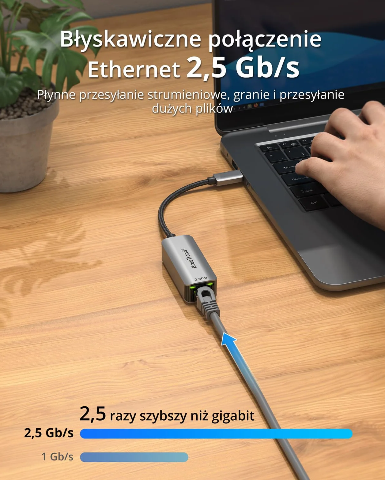 BrosTrend Adapter USB-C do Ethernetu 2,5 Gigabit, 2,5 Gb USB do RJ45 do laptopa, komputera, MacBooka, adapter sieciowy typu C do iOS, ChromeOS, Windows 11/10, Linux, dożywotnia ochrona