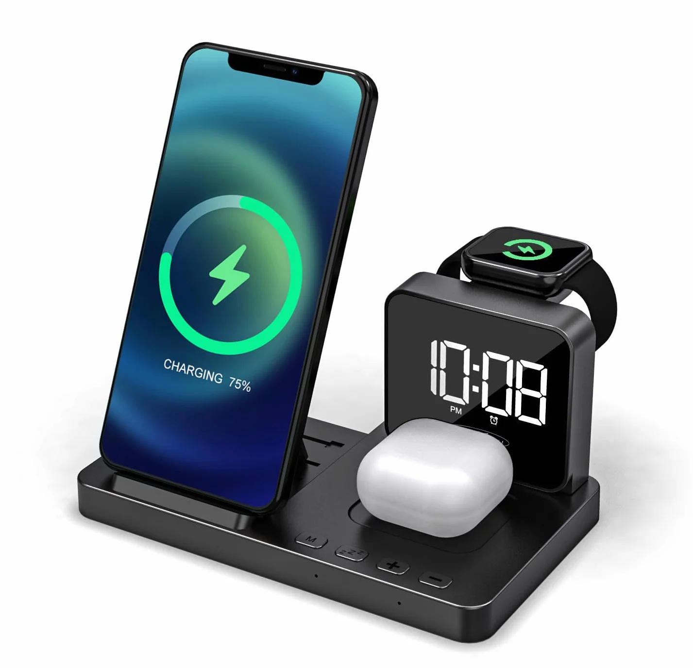 Reflexion Bezprzewodowa ładowarka 4 w 1 z zegarem, stacja ładująca 15 W USB-C do smartfona Apple Watch słuchawek