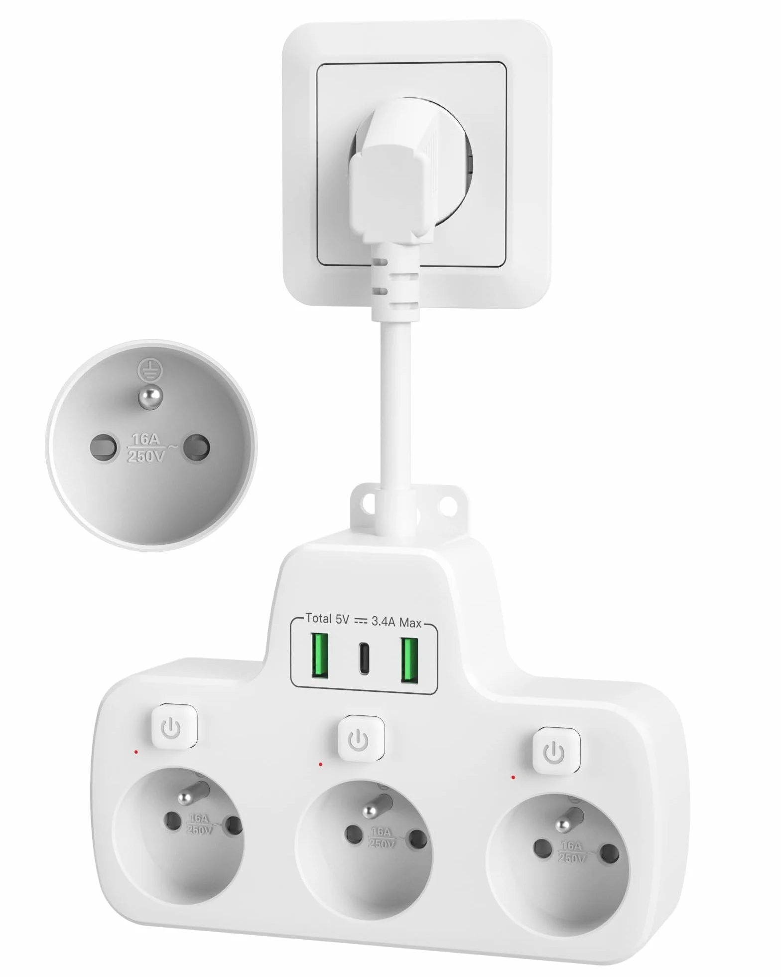 Listwa Zasilająca z Przełącznikiem 3 Gniazda 3 USB USB C Kabel 0,1 m Biały