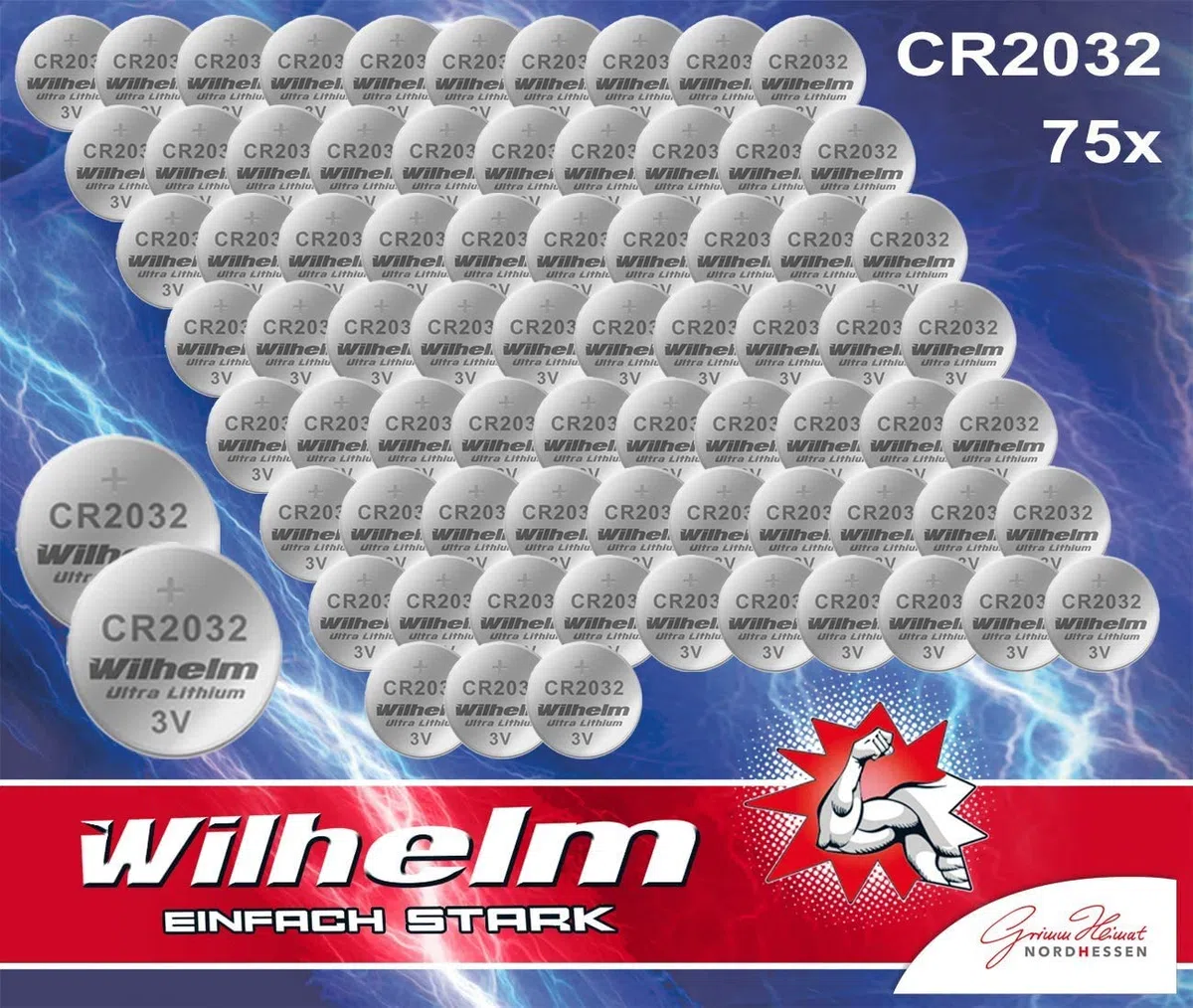 75 x litowa bateria guzikowa CR2032 Wilhelm 3 V, towar przemysłowy