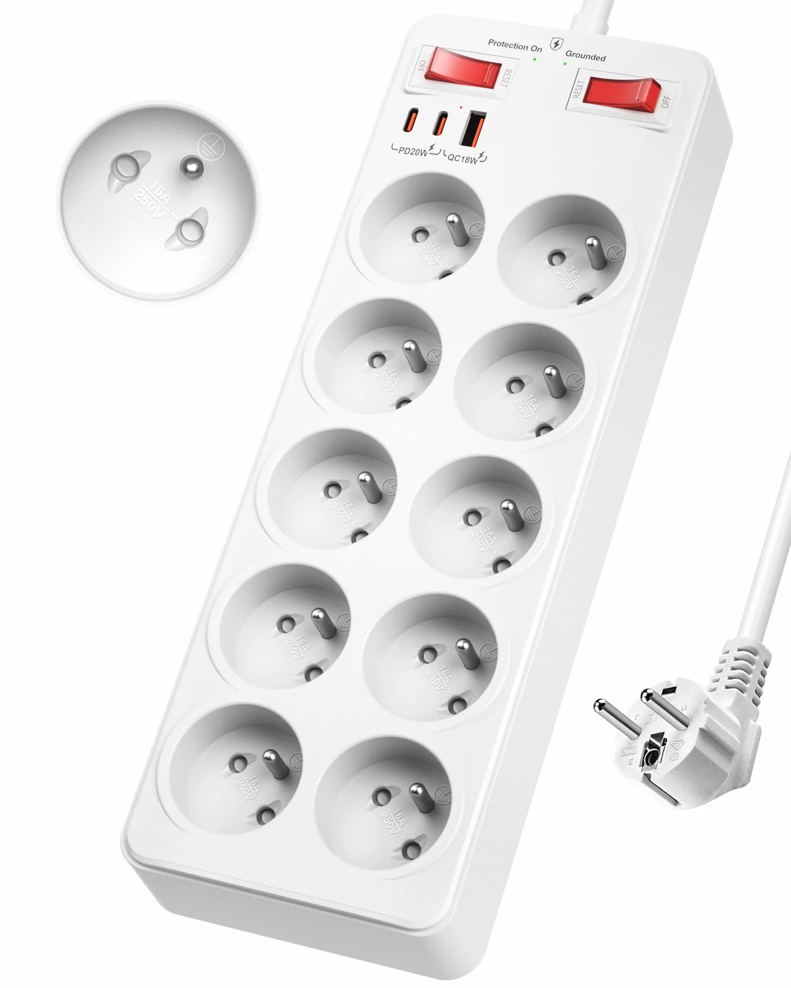 Listwa Zasilająca Przeciwprzepięciowa, Listwa Zasilająca z 10 Gniazda Elektryczne Polskie 16A 2P+T, Wielokrotne Gniazdo z Wyłącznikiem Przeciwprzeciążeniowym i ładowaniem USB C, 2 m Kabel, Białe
