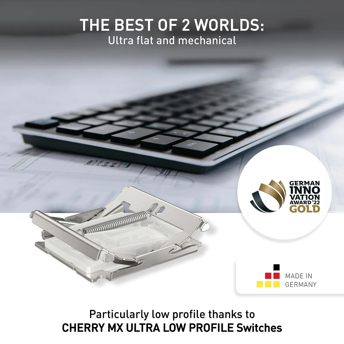 CHERRY KW X ULP, ultra płaska mechaniczna klawiatura high-end, układ US-International (QWERTY), bezprzewodowa klawiatura multi-device dla maksymalnie 4 urządzeń, ładowalna, czarny