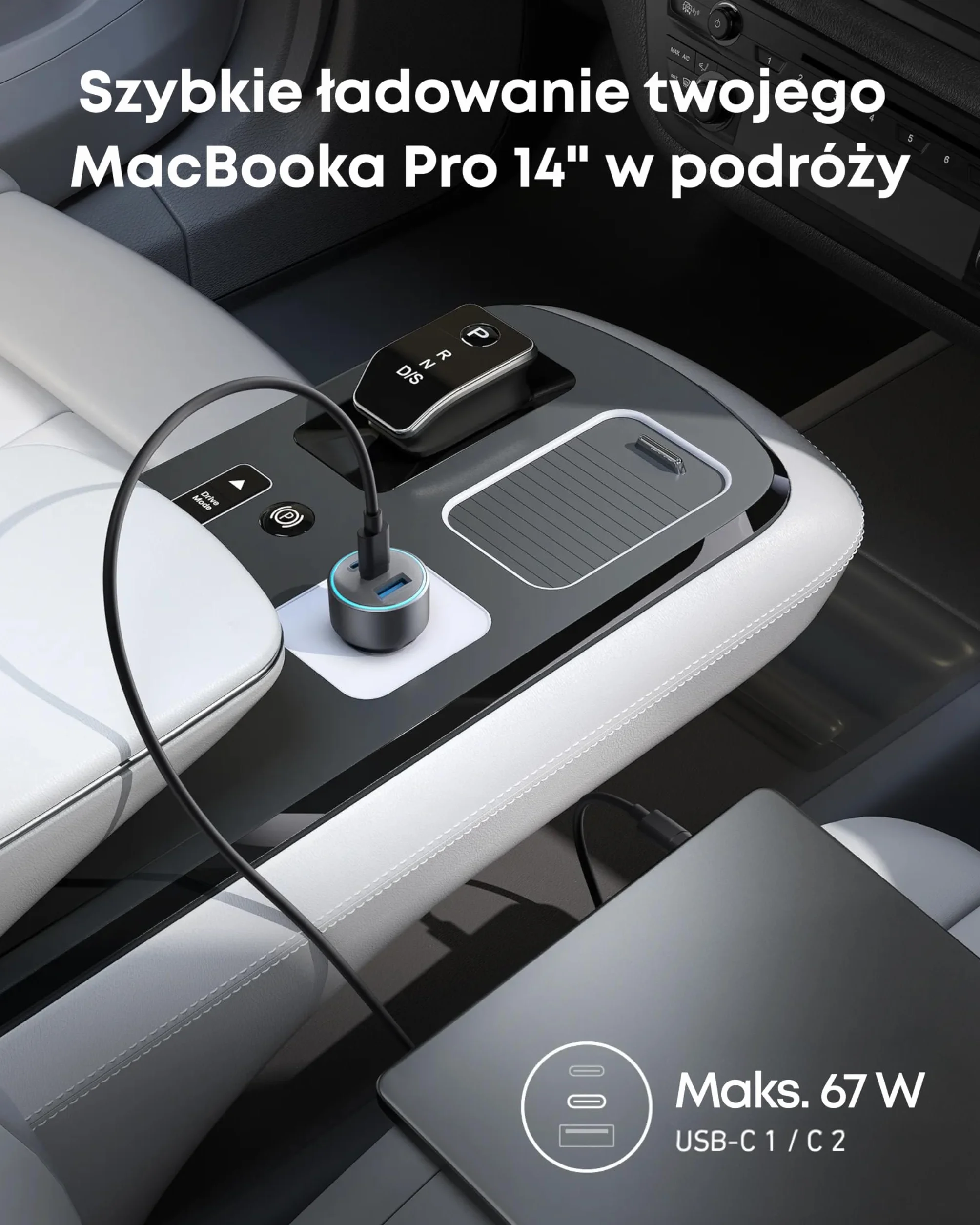 Anker Kompaktowa ładowarka samochodowa z 3 portami 67 W – szybkie ładowanie do iPhone'a 16/15/14, Galaxy S23, iPada Air i wielu innych – kabel USB-C