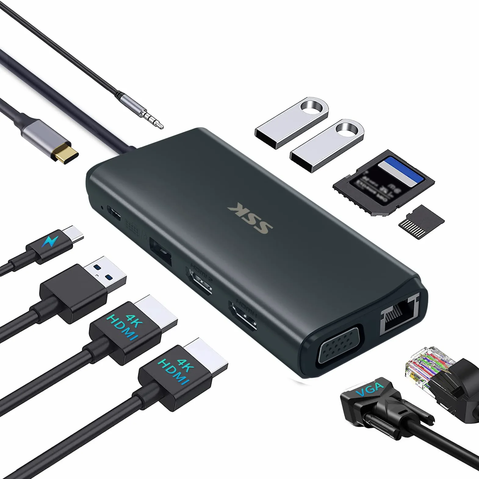 SSK Stacja dokująca do laptopa USB C, podwójny monitor, 11 w 1 typ C, potrójny wyświetlacz, wieloportowy adapter z podwójnym HDMI, VGA, PD3.0, Ethernet, SD/TF, 3 porty USB, mikrofon/audio,