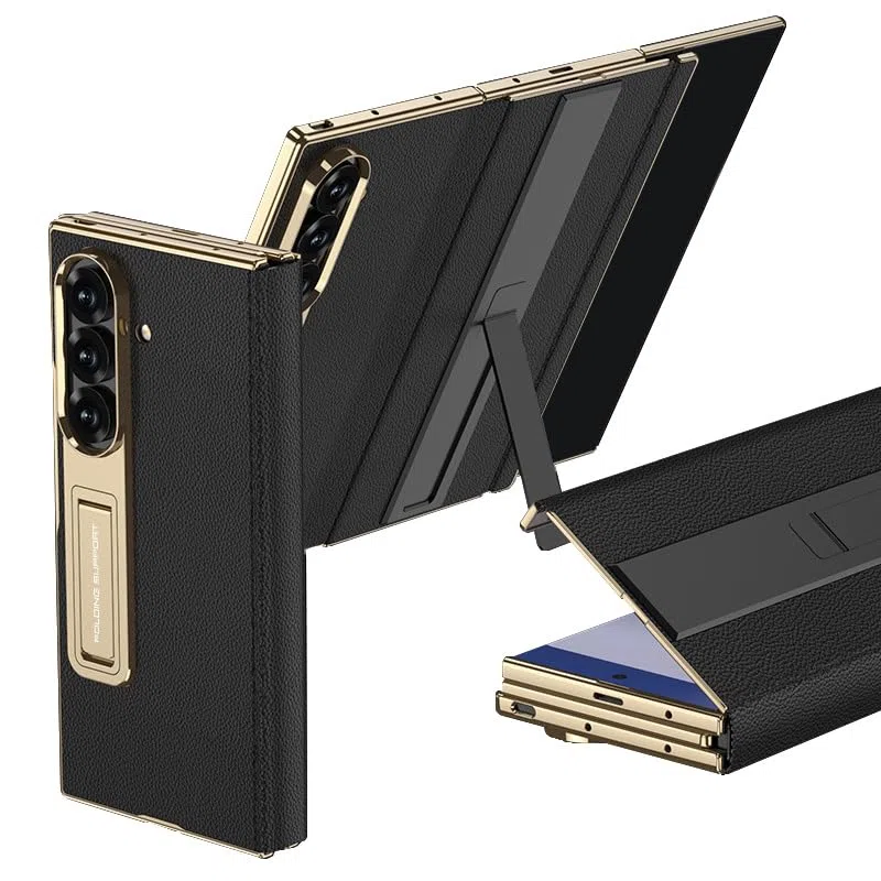Skórzane etui na telefon Samsung Galaxy Z TriFold z wbudowaną osłoną ekranu ze szkła hartowanego, magnetyczne etui z klapką z podwójnym składanym stojakiem, ochrona całej obudowy (czarne, platerowana