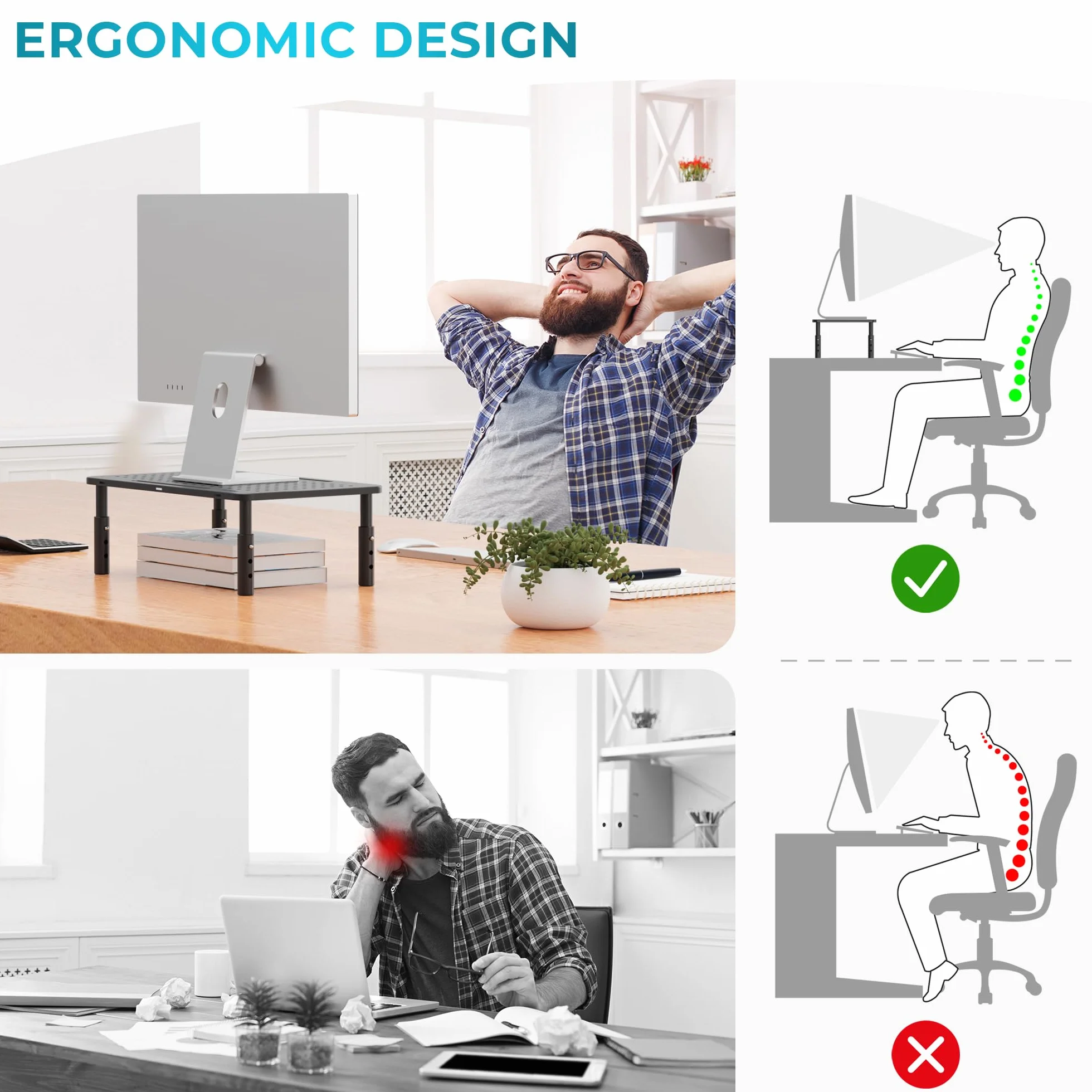 BONTEC Stojak na Monitor z Regulacją Wysokości, Ergonomiczna Podstawka Biurkowa z Siatkową Platformą, Solidna Stalowa Konstrukcja do Laptopa, Komputera, PC, Max. 20KG, Łatwa Organizacja Kabli (2 Pack)
