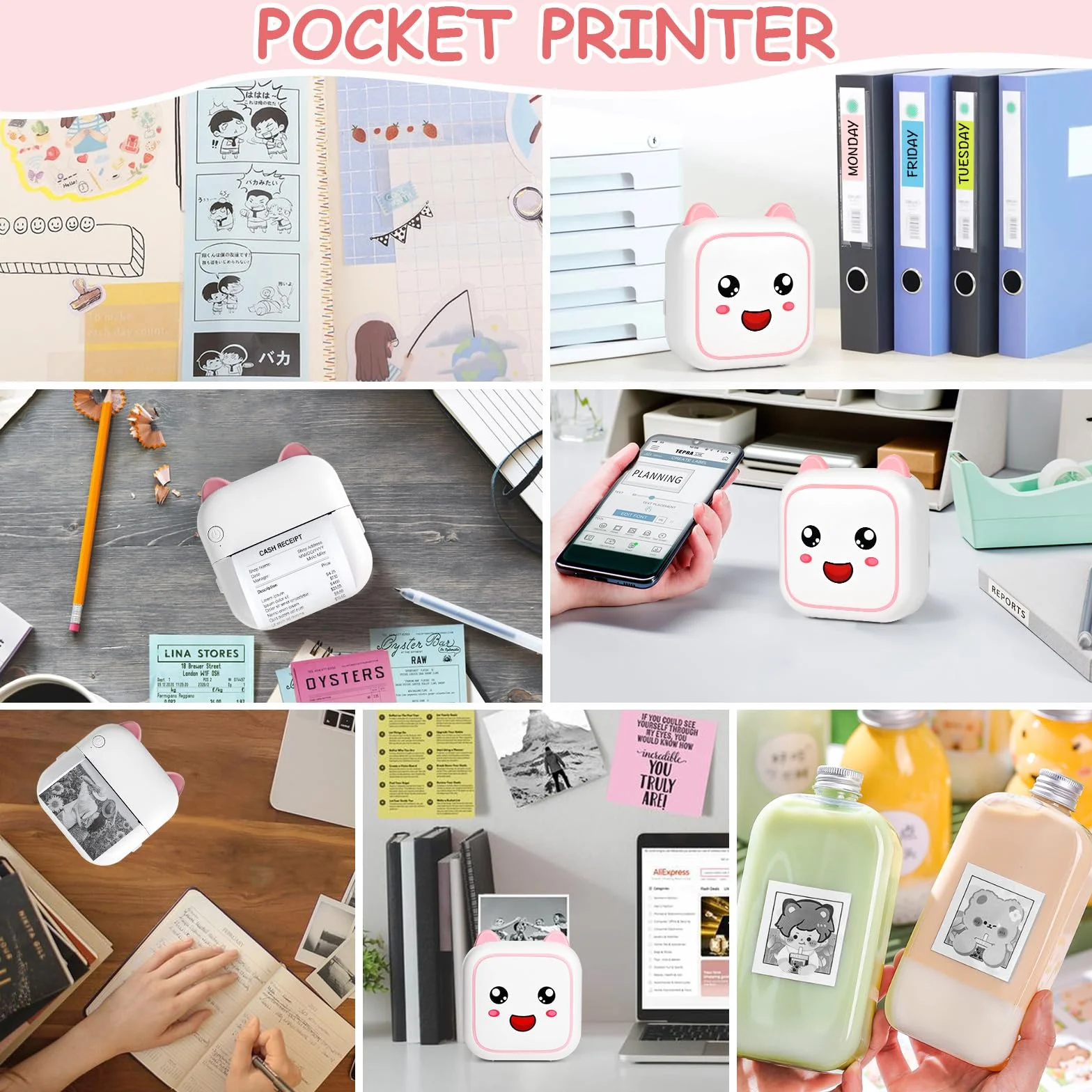 Mini drukarka, mobilna drukarka fotograficzna, przenośna mini drukarka fotograficzna, bezprzewodowa drukarka fotograficzna, z 13 rolkami papieru do drukarki i 5 kredek, do smartfonów, drukarka