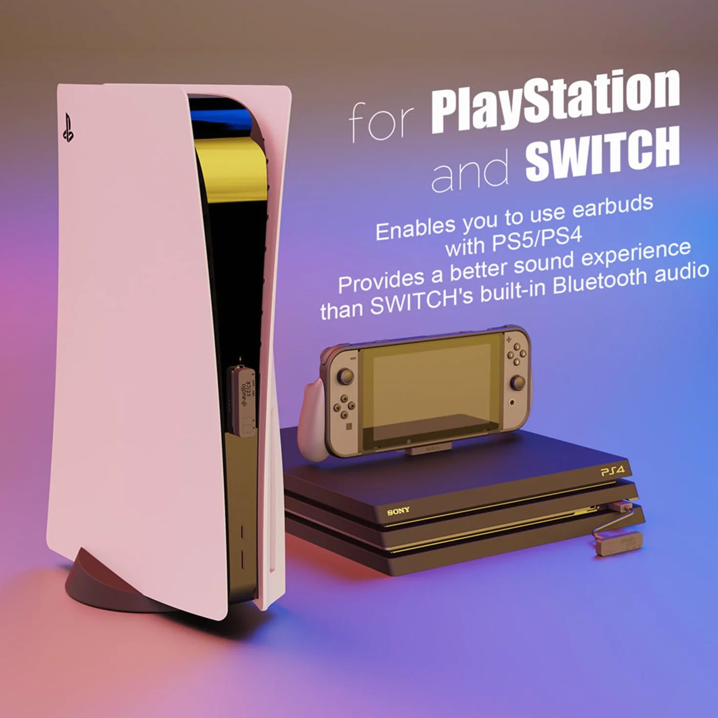 Skull & Co. AudioStick Bluetooth 5.2 bezprzewodowy adapter nadajnika audio o niskiej latencji dla PS5 / PS4, Nintendo Switch/Lite/Inne urządzenia, zoptymalizowany dla AirPods/Pro - Czarny
