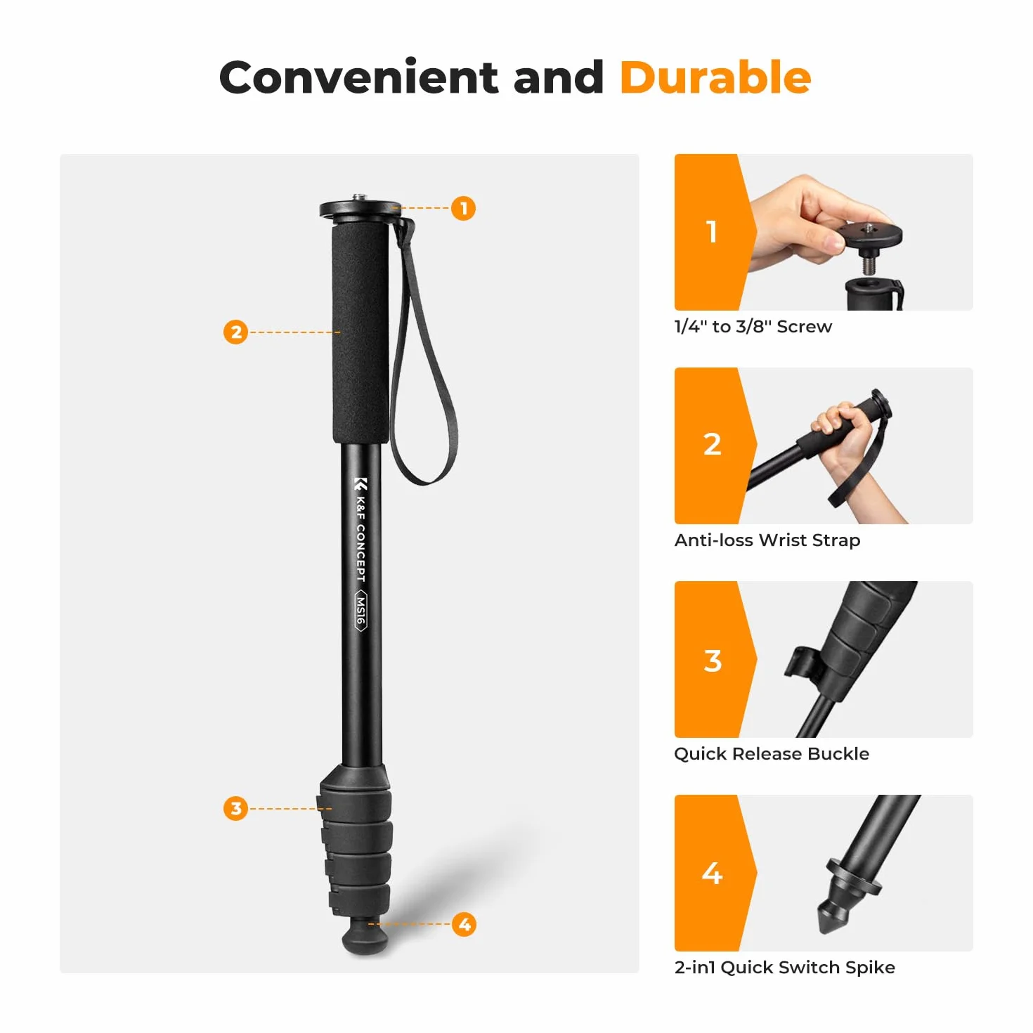 K&F Concept Monopod do aparatu, 160 cm aluminiowa fotografia kompaktowy monopod o 5-częściowej wysokości, lekki monopod podróżny do aparatu DSLR, nośność 10 kg/22 lbs, MS16