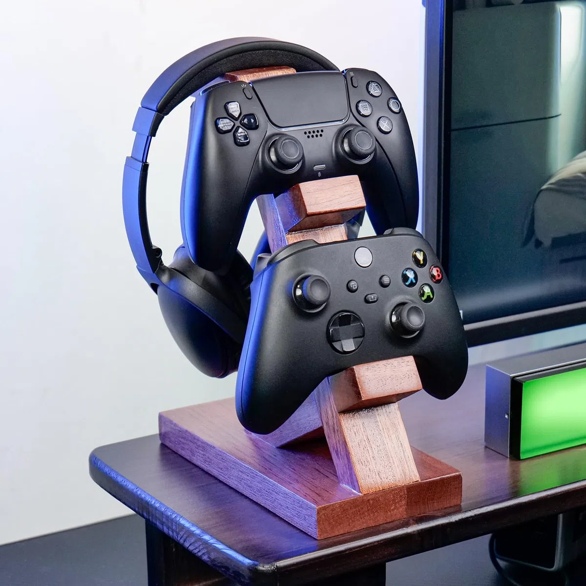 Kontroler do gier i stojak na słuchawki – drewniany stojak na kontrolery, słuchawki, zestaw słuchawkowy z uchwytem na słuchawki, uchwyt do gamepada