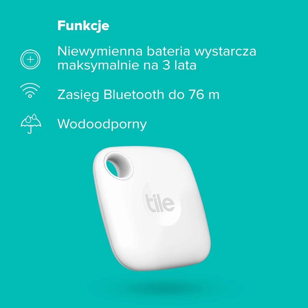 Tile Mate (2022) Lokalizator Bluetooth do znajdowania kluczy, toreb i innych przedmiotów, 1 Pak, zasieg 60m, aplikacja iOS i Android, Biala