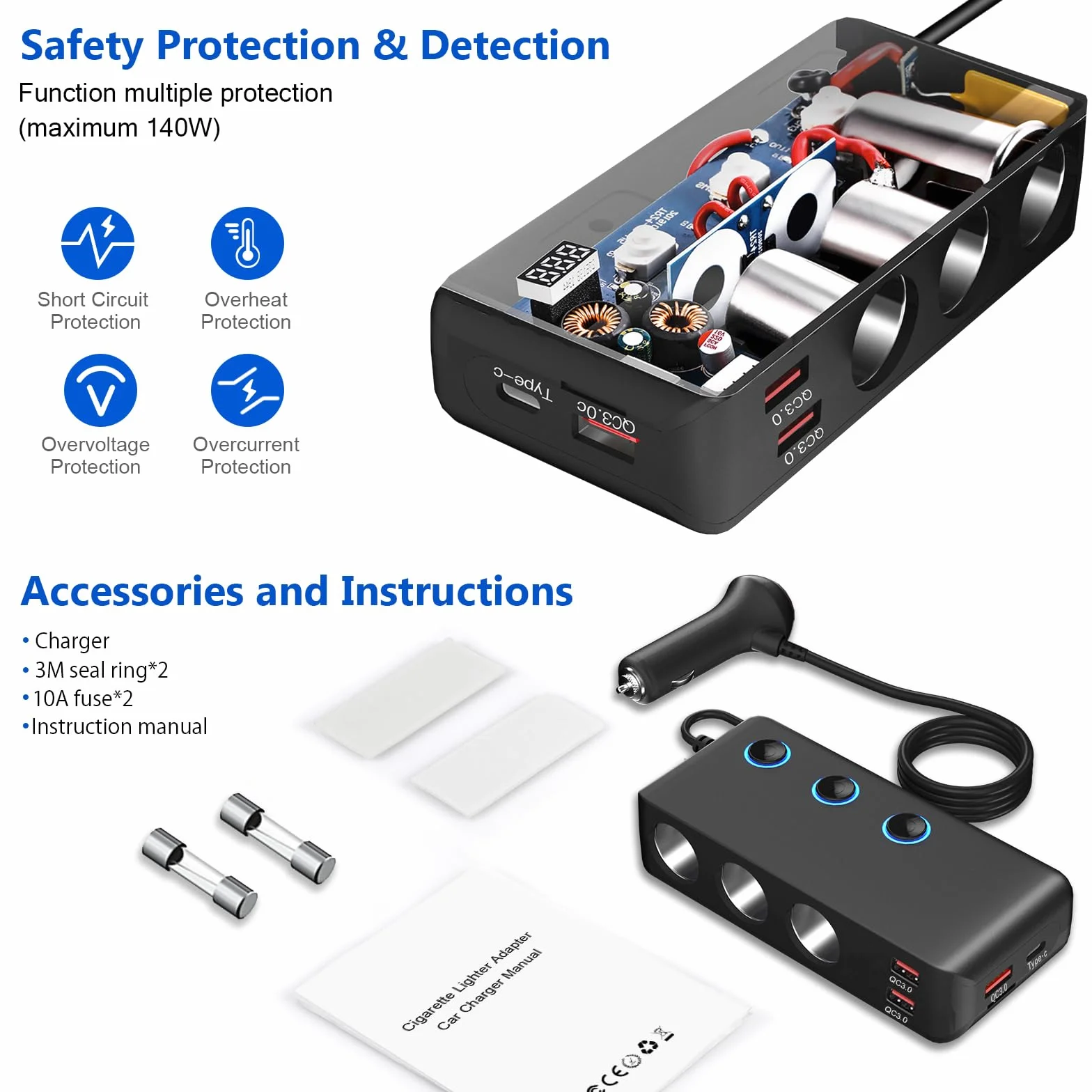 OOWOLF Rozdzielacz zapalniczki samochodowej adapter ładowarki – QC 3.0 Auto potrójny 180 W 12 V/24 V rozdzielacz samochodowy gniazdo z woltomierzem (Czarny - z przełącznikiem zasilania)