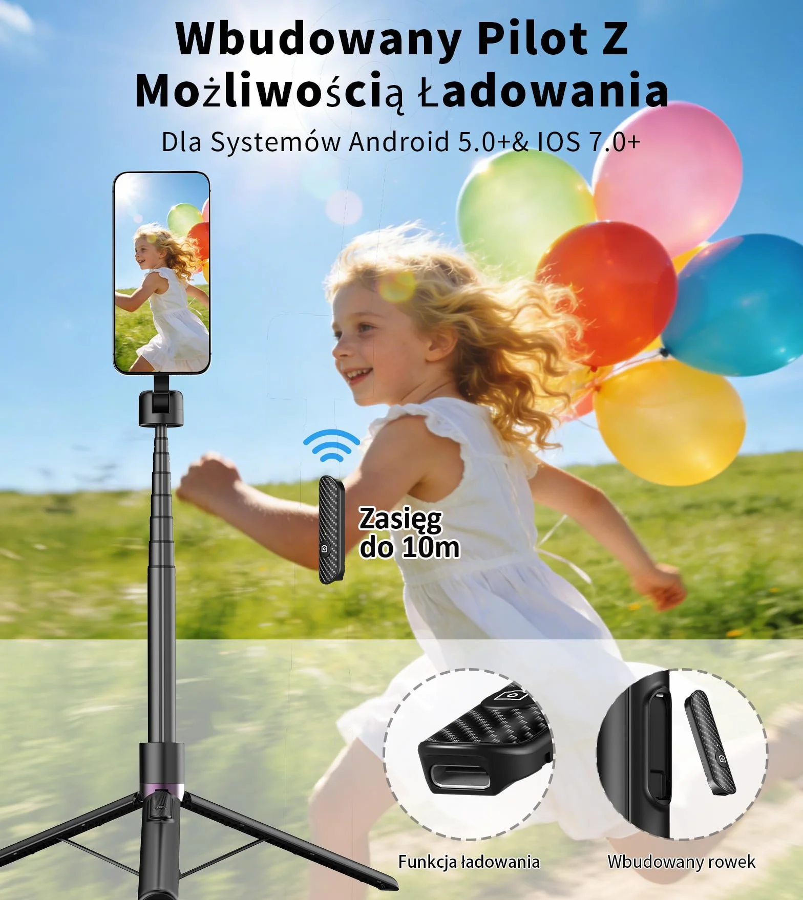 TONEOF 173cm Magnetyczny statyw do selfie, mocny magnetyczny uchwyt aluminiowy do Magsafe, obrót o 360°, wysuwany statyw z pilotem, przenośny statyw do telefonu komórkowego–Czarny Fioletowy