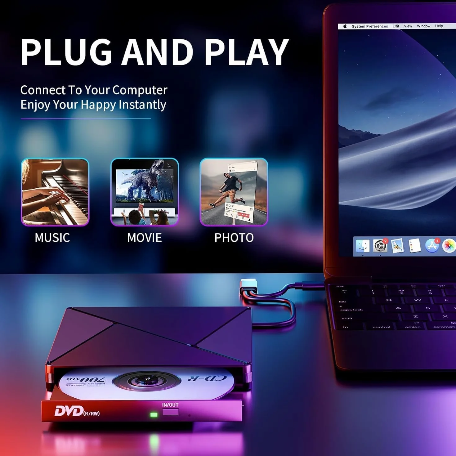 Zewnętrzny napęd CD DVD, USB 3.0 i Type-C przenośny napęd CD DVD +/-RW, nagrywarka/czytnik DVD/CD ROM, smukły optyczny napęd DVD, odtwarzacz CD/DVD do laptopa, komputera stacjonarnego, MacBook, macOS