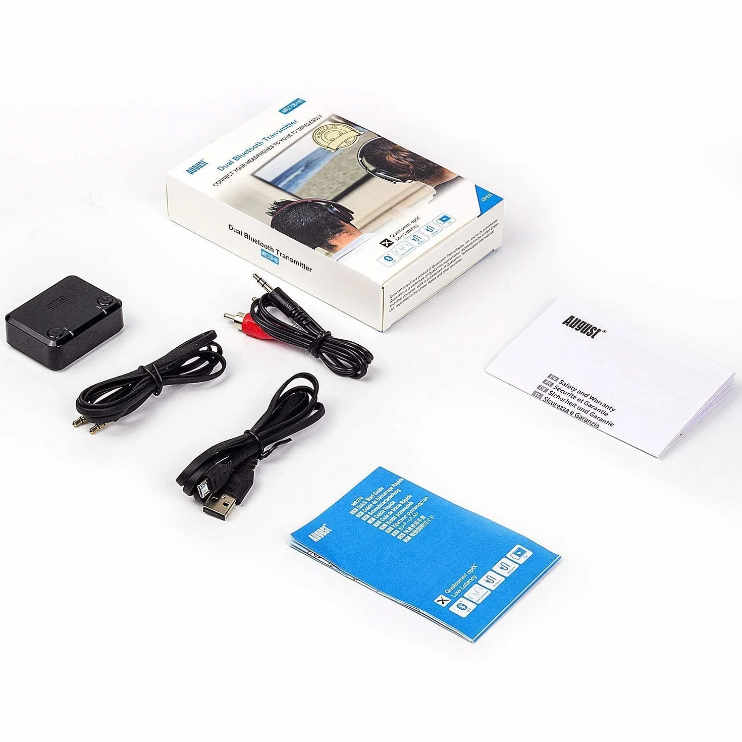 Nadajnik Bluetooth 5.0 do telewizora, August MR270-HD, bezprzewodowy adapter audio z aptX HD, niskie opóźnienie i wielopunktowe połączenie dwóch par słuchawek jednocześnie, adapter nadajnika HiFi,