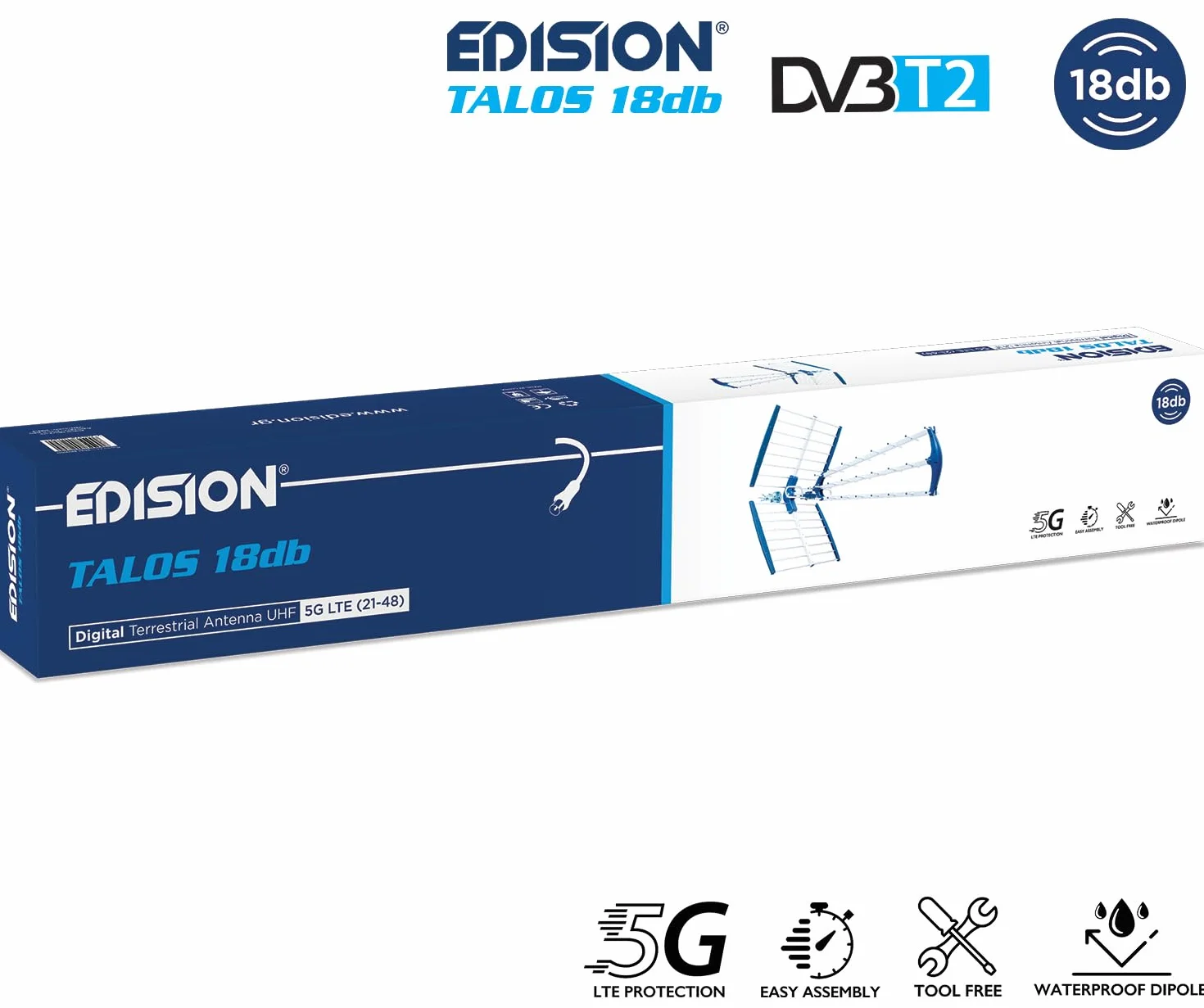 EDISION TALOS 18db Potrójna cyfrowa antena naziemna UHF 21-48, z odcięciem 5G LTE, idealna do odbioru kanałów cyfrowej telewizji naziemnej DVB-T/T2, długość 47cm, niebieska i aluminiowa