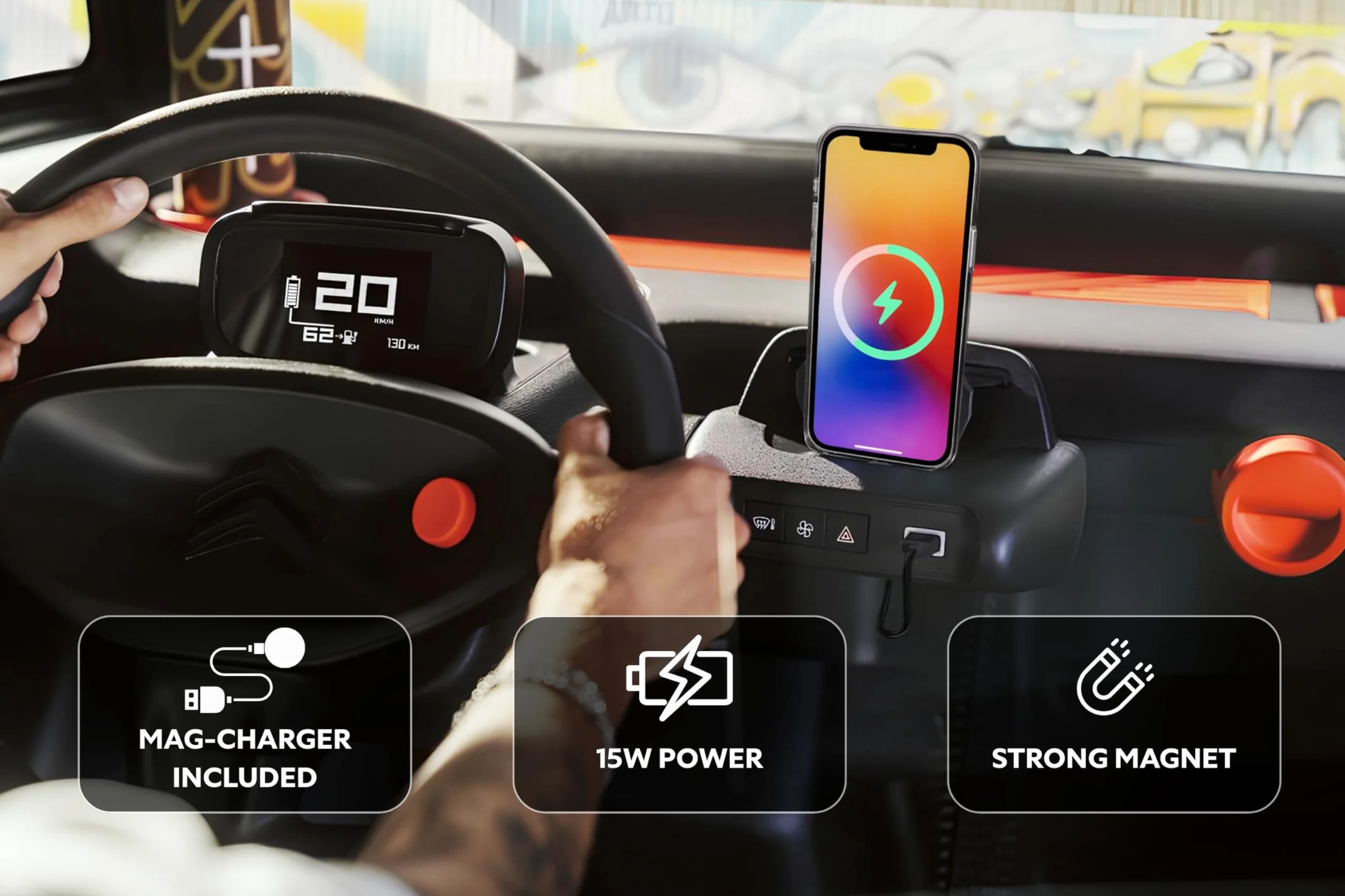 Uchwyt na smartfon do MagSafe z bezprzewodowym ładowaniem 15 W, pasuje do Citroen Ami, do Opel Rocks-e, Fiat Mickey - magnetyczny uchwyt na telefon komórkowy do nawigacji, nawigacji, muzyki