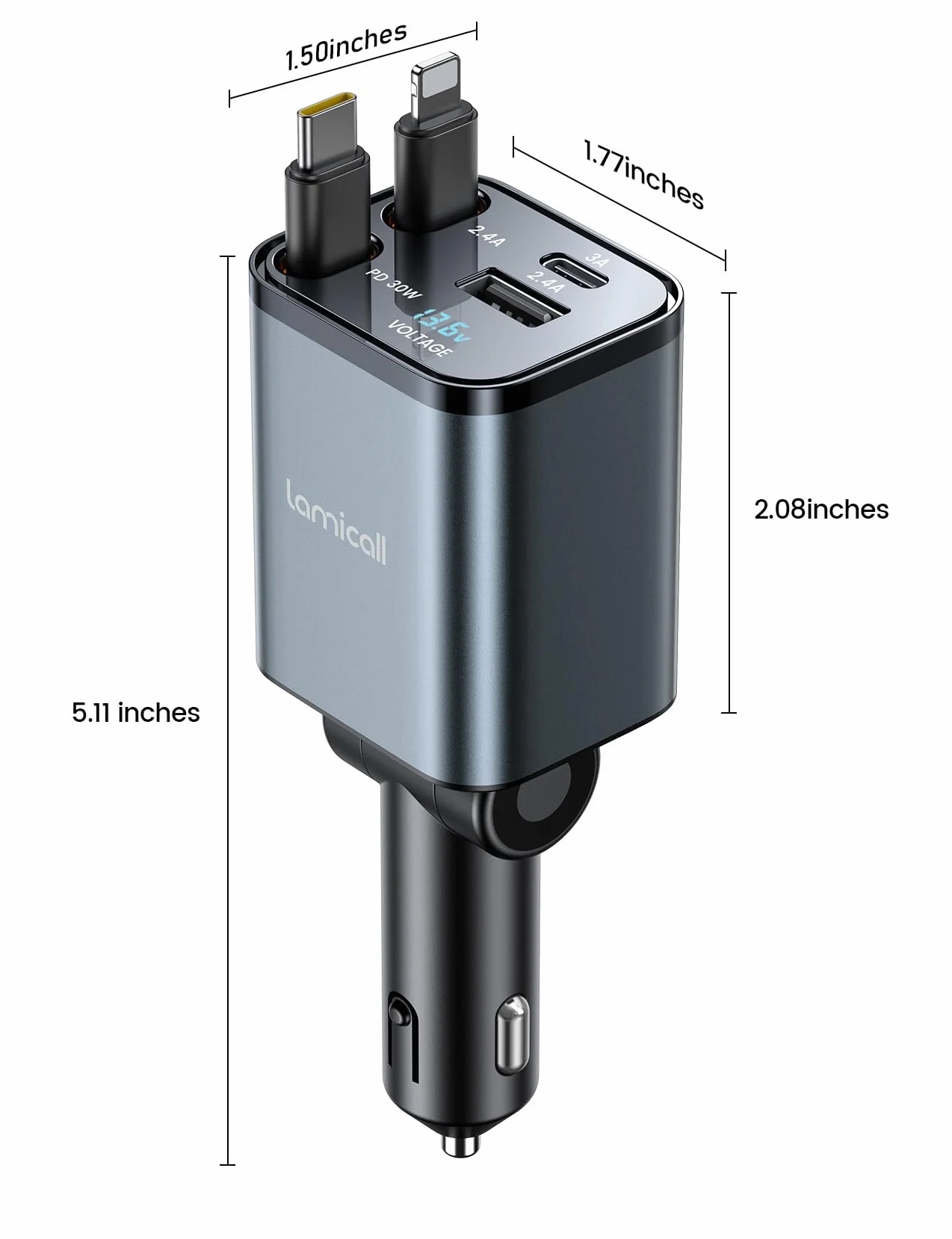 Lamicall 4 w 1 Ładowarka USB 69 W do Zapalniczki Samochodowej z 2 Wysuwanymi Kablą