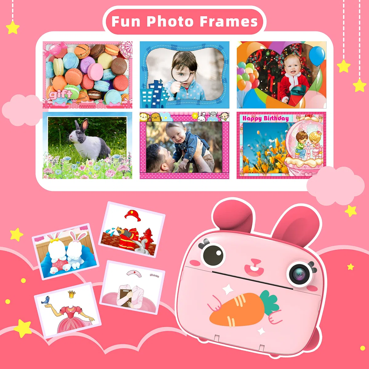 Aparat fotograficzny dla dzieci Aparat natychmiastowy, ekranem 2,4 cala aparat CAMCLID dla dzieci z 3 rolkami papieru termicznego i kartą 32 GB, Prezent dla dziewczynek Chłopców (różowy)