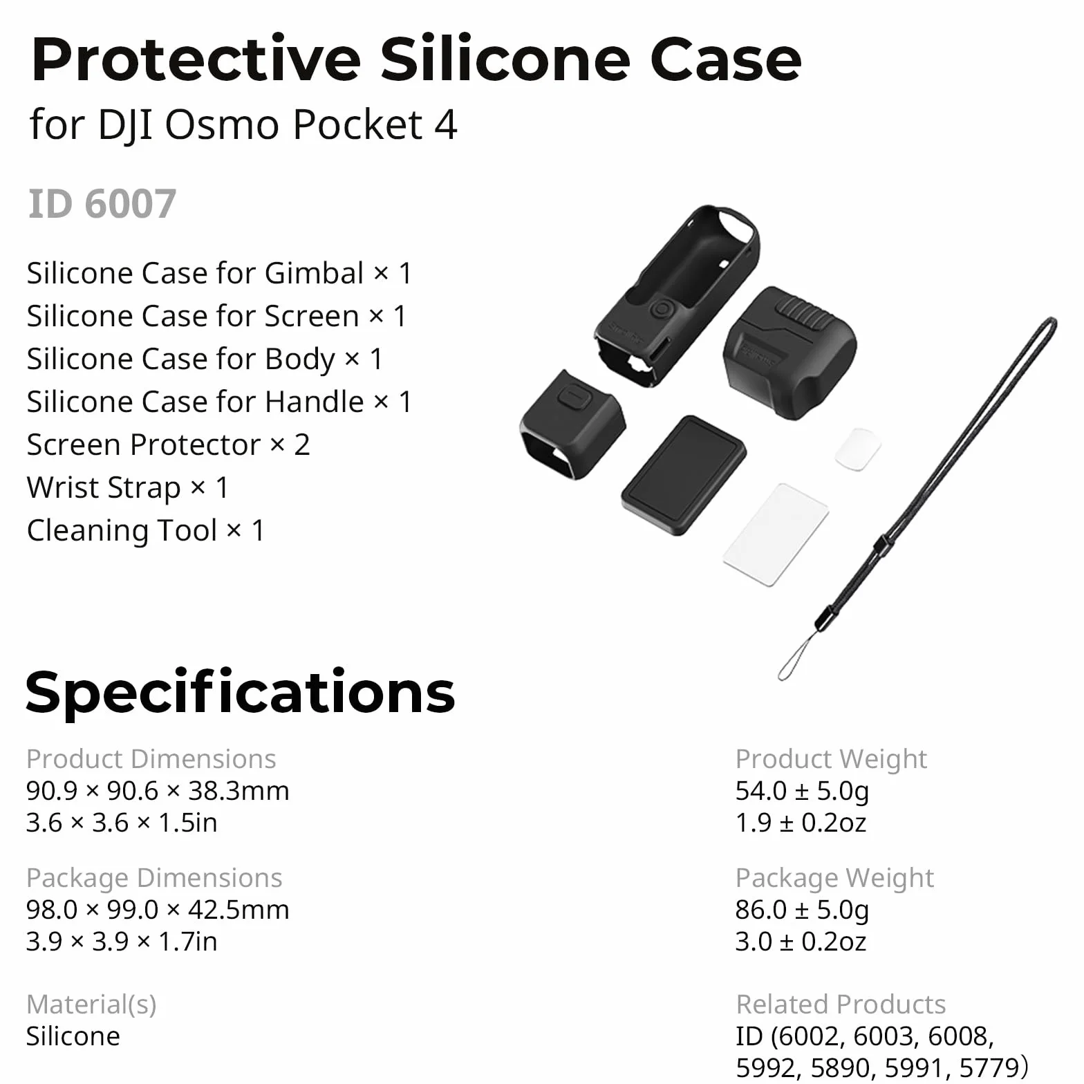 SMALLRIG Silikonowe Etui Ochronne do DJI Osmo Pocket 4, Modułowa Ochrona, Miękki Silikon, Hartowane Szkło Ochronne, Pasek na Nadgarstek 6007