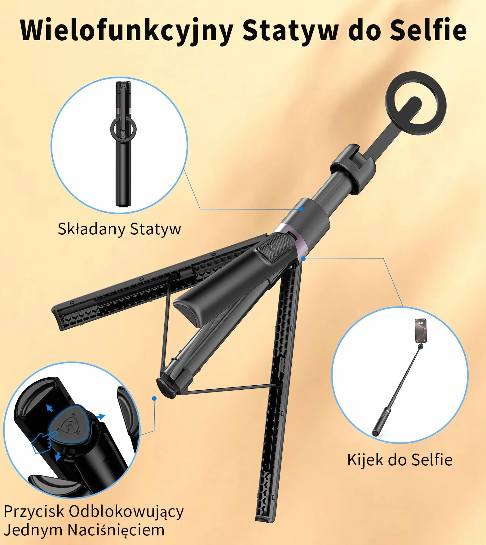 TONEOF 173cm Magnetyczny statyw do selfie, mocny magnetyczny uchwyt aluminiowy do Magsafe, obrót o 360°, wysuwany statyw z pilotem, przenośny statyw do telefonu komórkowego–Czarny Fioletowy