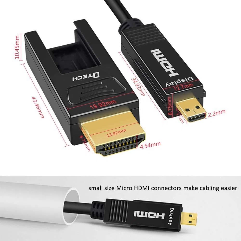DTech Kabel światłowodowy HDMI 4K 60Hz YUV 444 18 Gbit/s High Speed Ultra HD z podwójnym Micro HDMI i standardowym złączem HDMI (25 stóp, czarny)