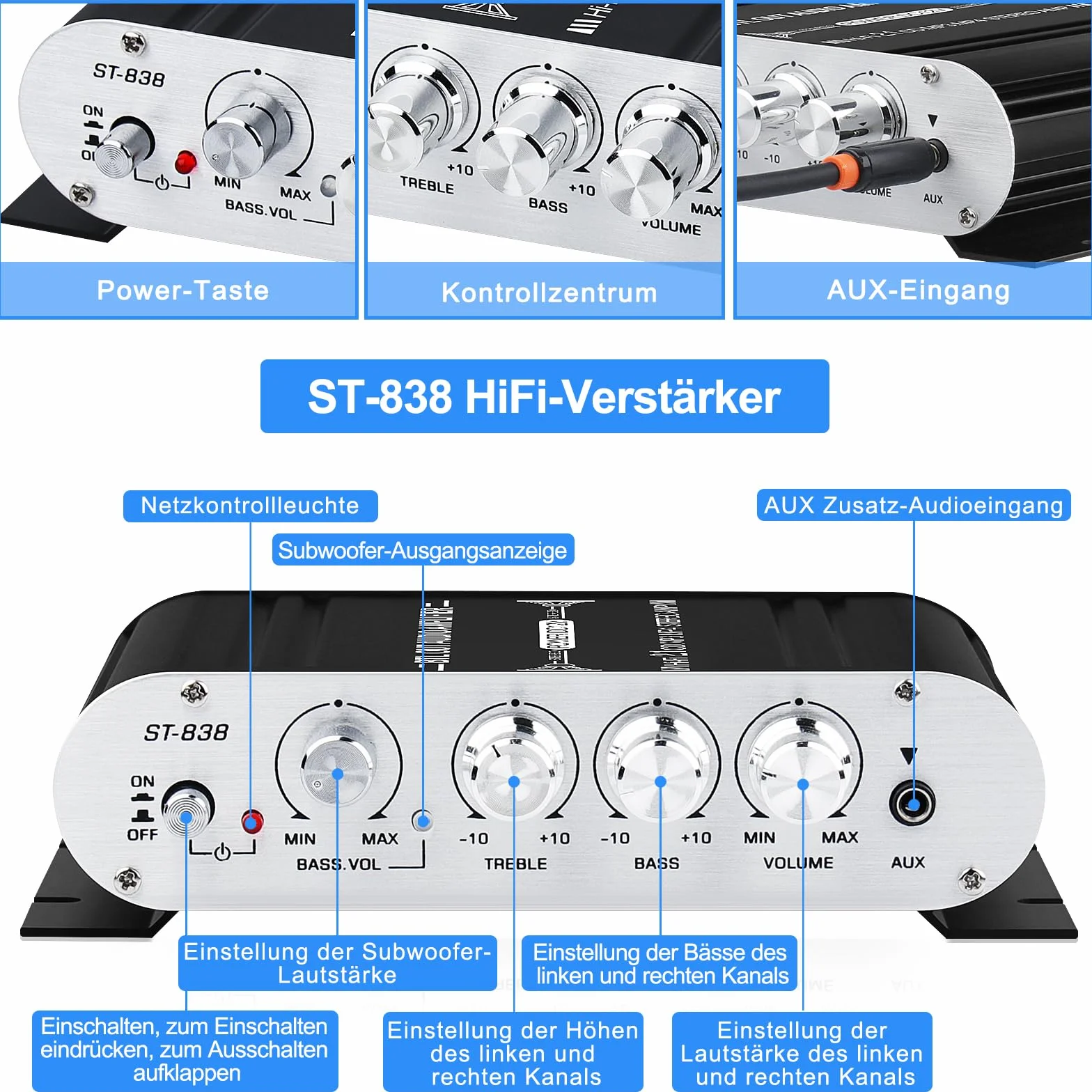 Wzmacniacz audio HiFi, wzmacniacz stereo 2.1 CH, RMS 20 W x 2 + 40 W ST-838 z wyjściem subwoofera, klasa D mini wzmacniacz cyfrowy z AUX do domu, czarny (z adapterem