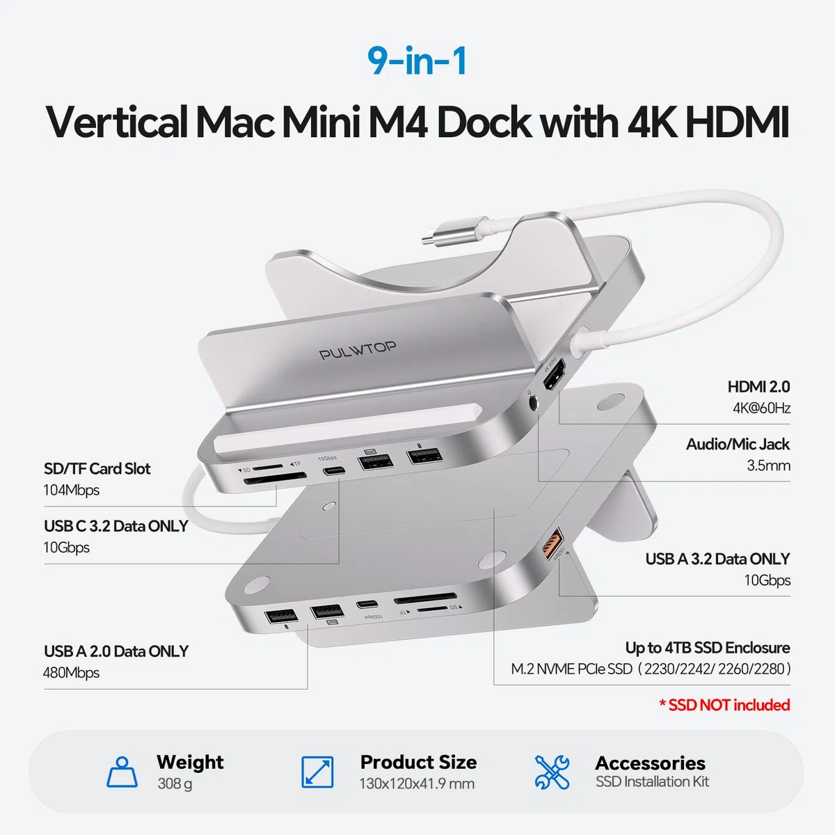 Stacja dokująca Mac mini M4 z obudową 4 TB M.2 SSD i HDMI 4K, aluminiowy pionowy hub USB-C do Mac mini M4 Pro, stojak USB-A/C 10 Gb/s, 2 x USB-A 2.0, 3,5 mm Audio, SD/TF (SSD nie jest