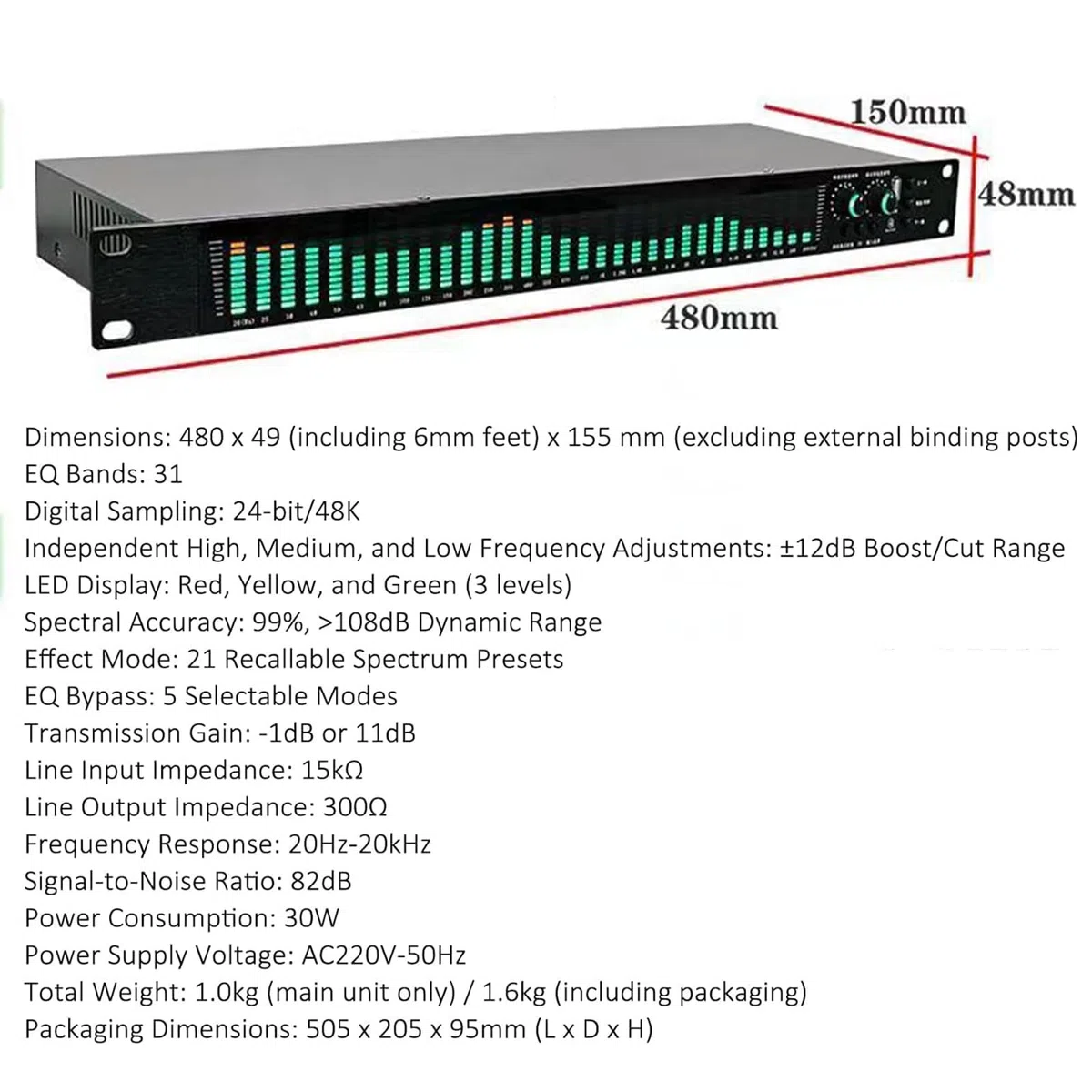 31-Pasmowy Equalizer Cyfrowy z 21 Efektami i Wyświetlaczem LED | Stereofoniczny Korektor Graficzny Audio, Regulacja Niskich Tonów Średnich, Automatyczna Redukcja Szumów, Dla Studia Nagrań
