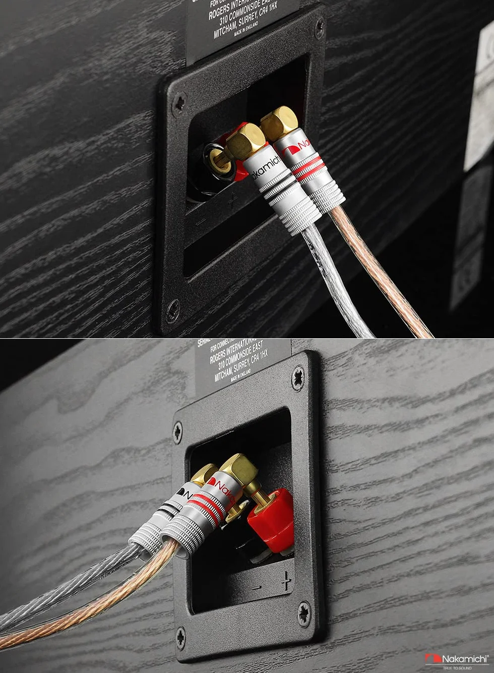 Nakamichi Excel Series 24K pozłacany wtyk bananowy 12 AWG - 18 AWG Rozmiar miernika 4 mm do głośników Wzmacniacz Hi-Fi Odbiornik AV Stereo Kino domowe Złącze Audio (4, Wtyki bananowe kątowe)
