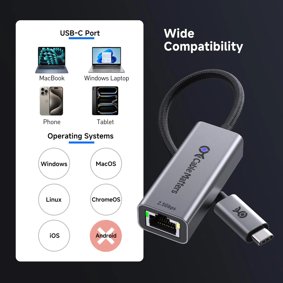 Cable Matters Adapter USB-C do Ethernet 2,5 Gb | Sieć 2,5 Gigabit, zgodny z USB4, Thunderbolt 5/4, MacBook i urządzeniami USB-C