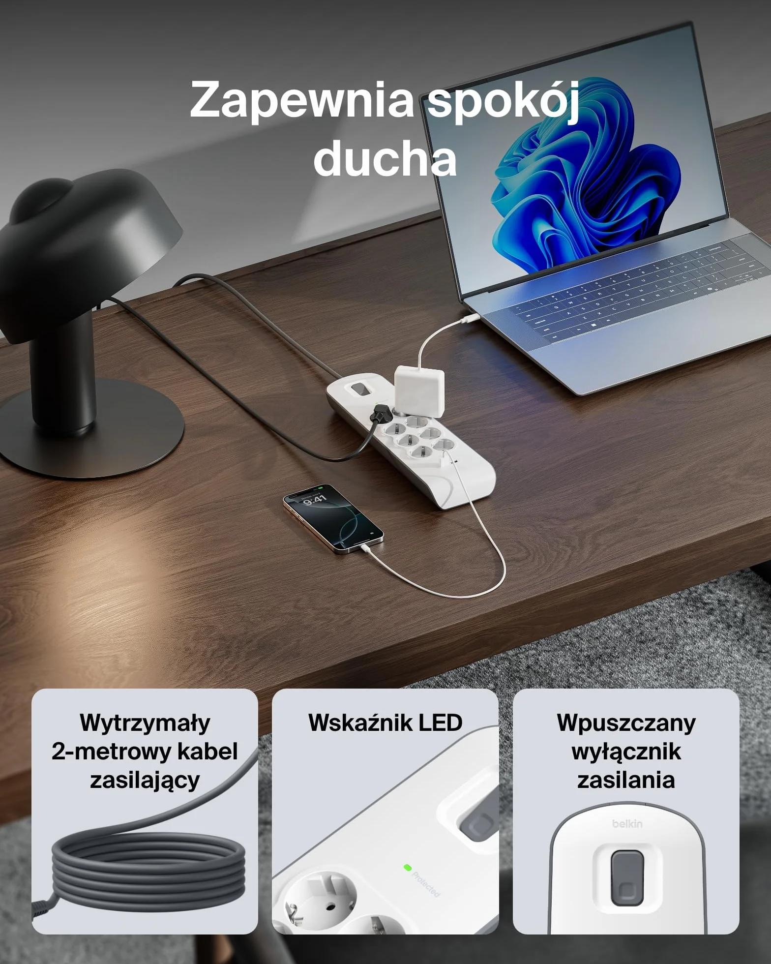 Belkin 8-gniazdowa listwa antyprzepięciowa z portami USB, 8 zabezpieczonych gniazd AC i 2 porty ładowania USB-A o natężeniu wyjściowym 2,4 A, 2-metrowy przedłużacz, listwa zasilająca do domu i biura