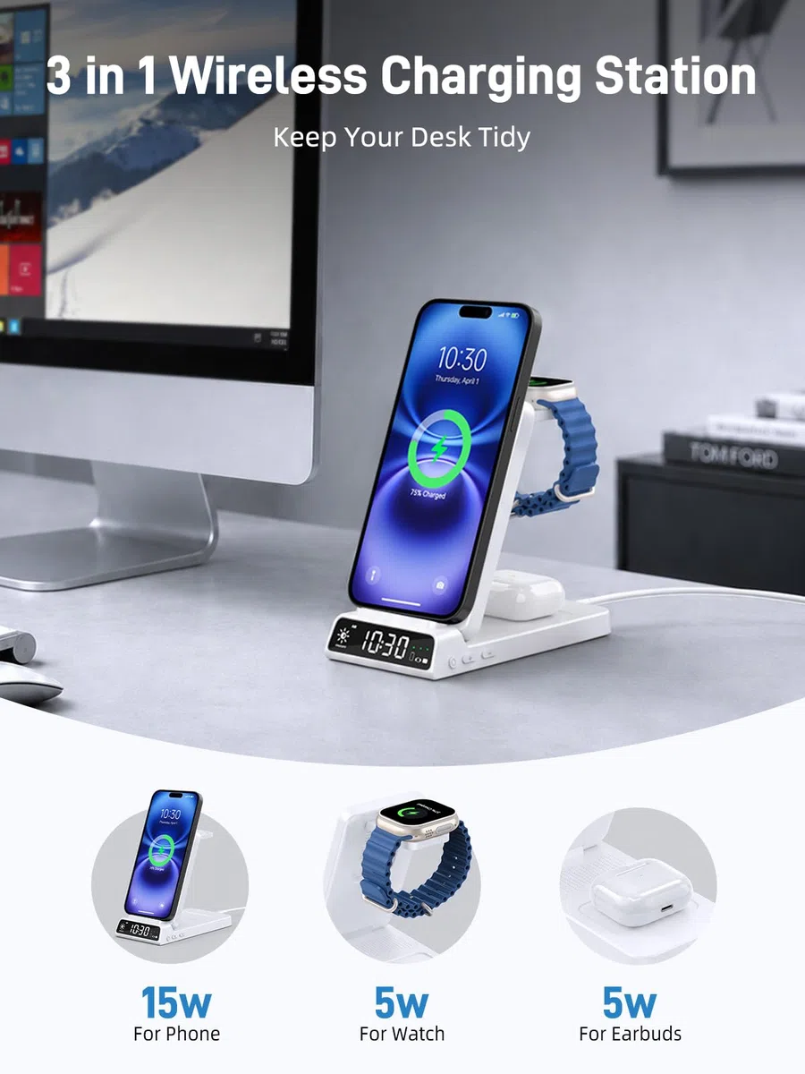 3-w-1 bezprzewodowa stacja ładująca dla Apple, składana magnetyczna stacja ładująca dla iPhone 17e/17 Pro Max/16 /Pixel 10/Samsung S26, stacja ładująca z zegarkiem dla Apple Watch 10/Ultra/9