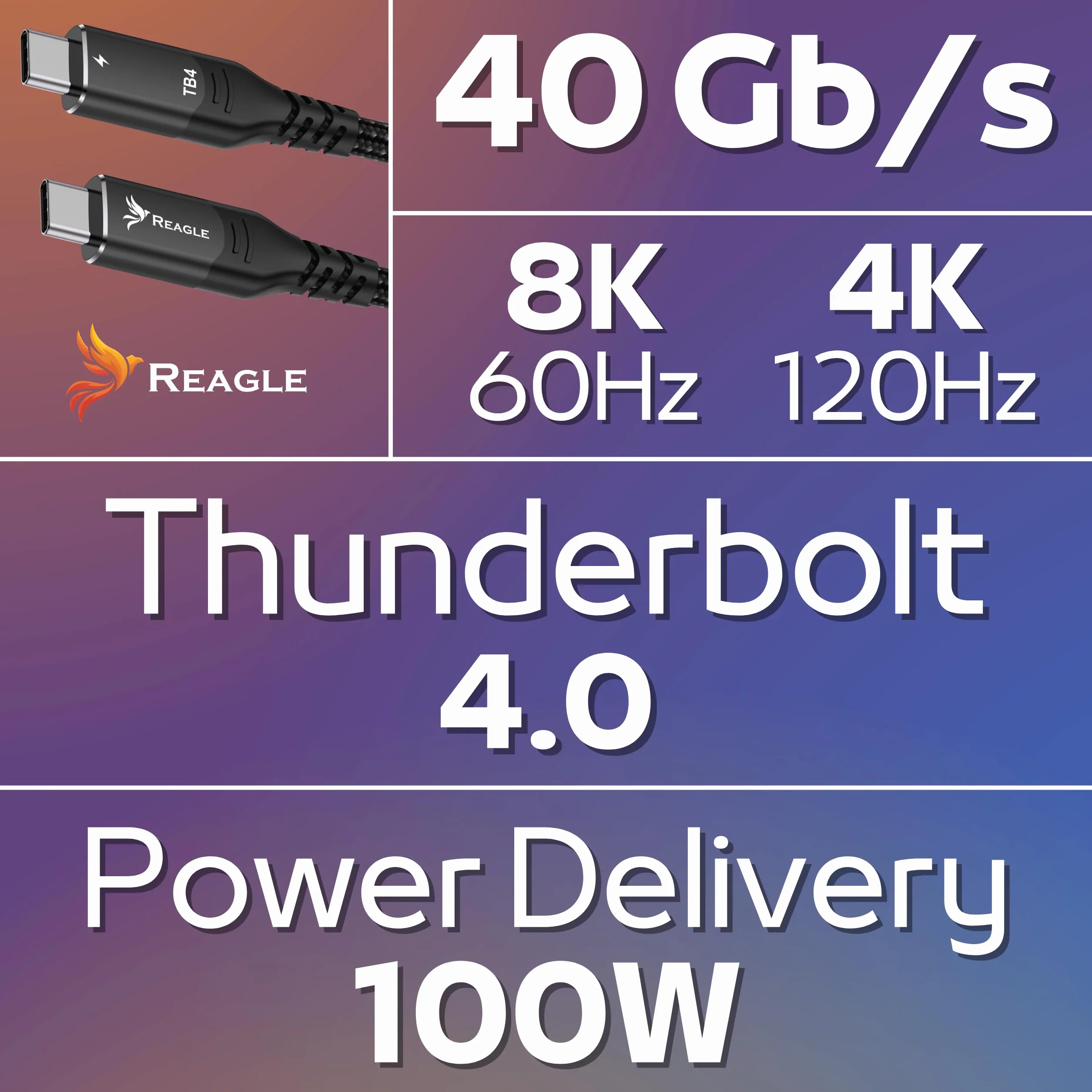 Reagle Kabel Thunderbolt 4 USB-C Do USB-C 2M, 40 Gbit/s, Power Delivery 100 W, 8K 60 Hz, 4K 120 Hz, Kompatybilny Z MacBook Pro/Air, iPhone 17/16, iMac, USB4, Thunderbolt 3, Monitor, Dock, SSD