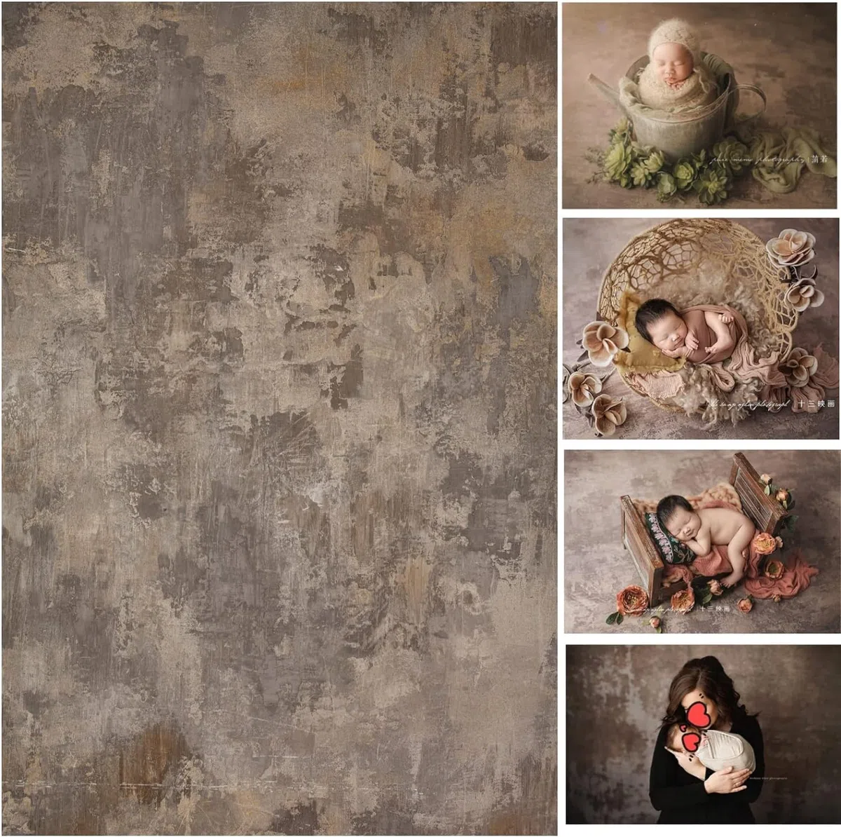 WaW tło fotograficzne materiał 2 x 3 m, szary, brązowy, shabby motled beton, studio fotograficzne, tło fotograficzne, rustykalny portret vintage, sesja zdjęciowa