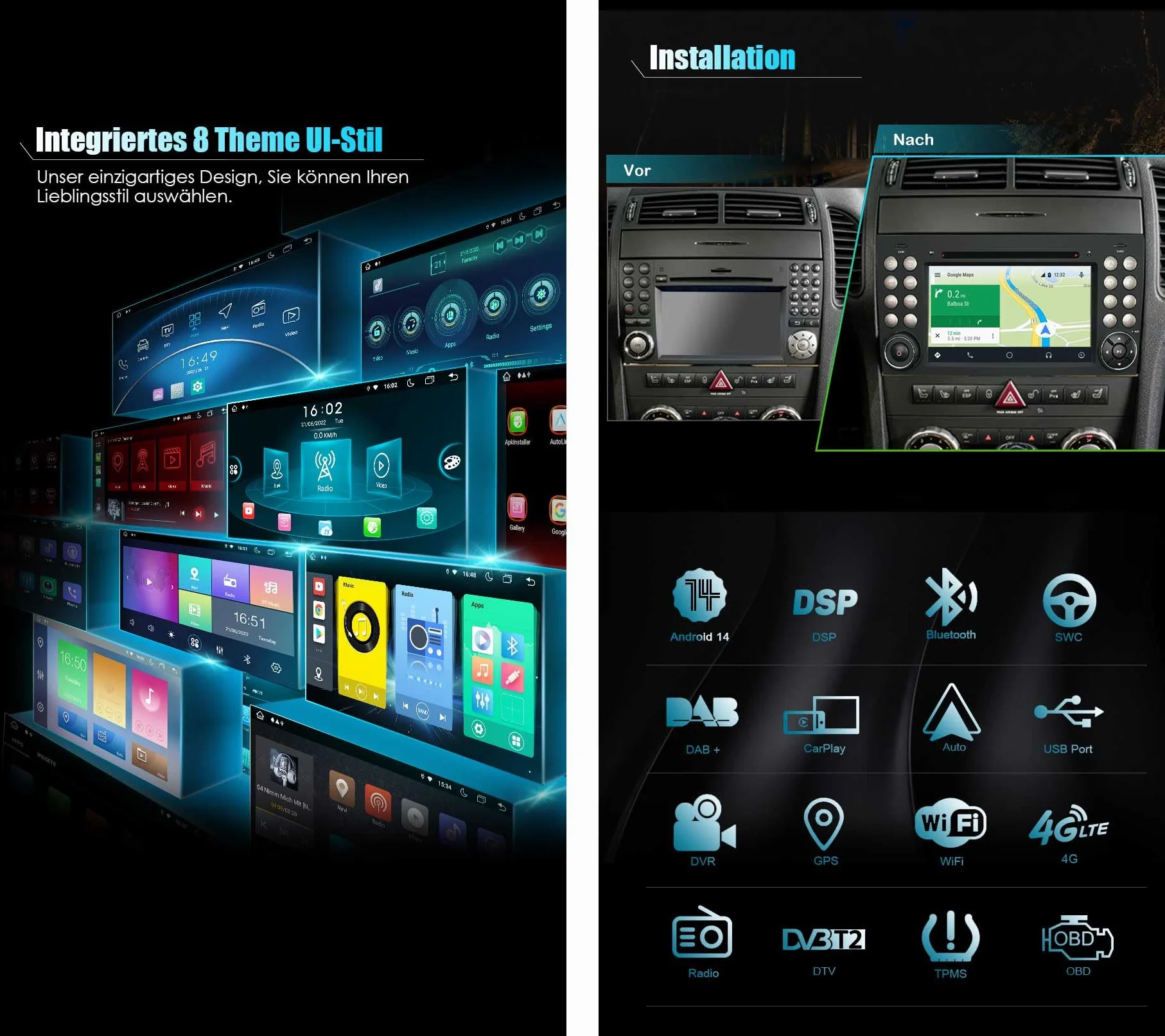 Erisin Android 13 8-rdzeniowe radio GPS do Mercedes-Benz SLK klasa R171 SLK200 SLK280 7-calowy ekran dotykowy zintegrowany CarPlay DAB+ WiFi 4G FM Bluetooth A2DP