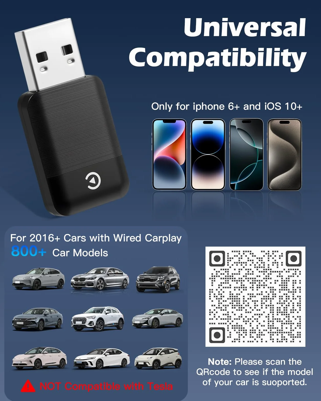 Bezprzewodowy adapter Carplay UK 2025, samochodowy klucz sprzętowy, konwertuje przewodowy na bezprzewodowy, USB i typ C, Bluetooth Mini Carplay kompatybilny z Apple iPhone iOS 10+ i samochodami 2016+