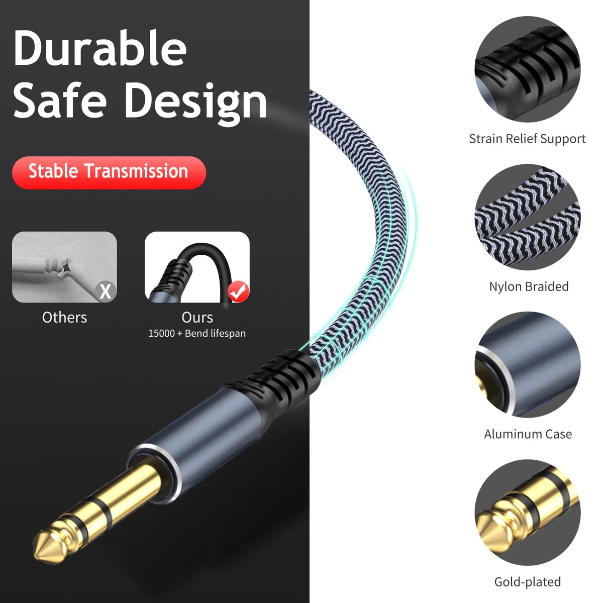 Przedłużacz 1/10.2 cm, 15 m, męski na żeński kabel do słuchawek stereo, kabel do gitary miedziany, pozłacane złącza, nieplączący się, kompatybilny z konsolą miksującą, głośnikiem
